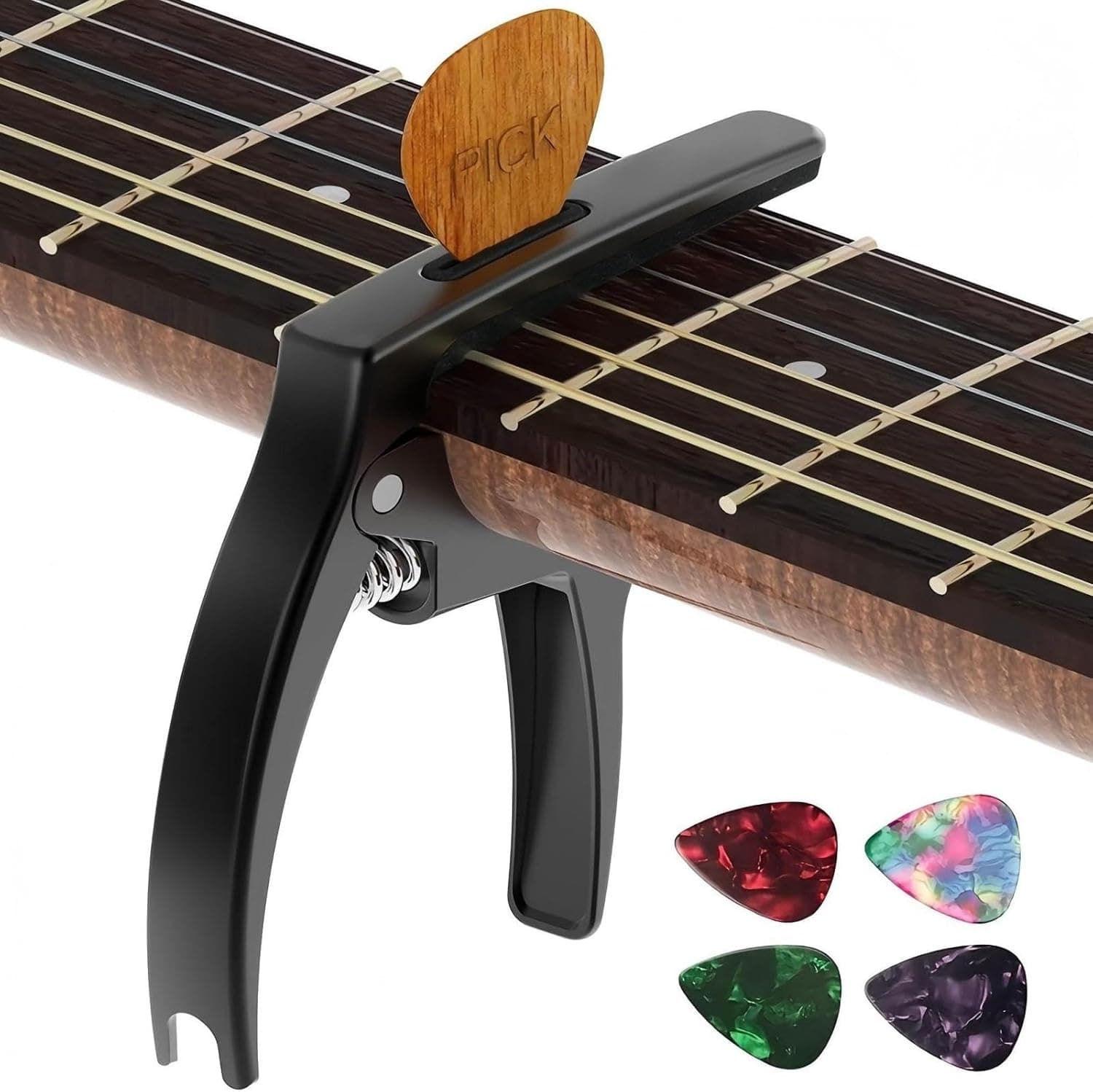 Guitar Capo,TANMUS 3in1 Zinc Metal Capo for Acoustic and Electric Guitars (with Pick Holder and 4Picks),Ukulele,Mandolin,Banjo,Guitar Accessories Black - Image 2