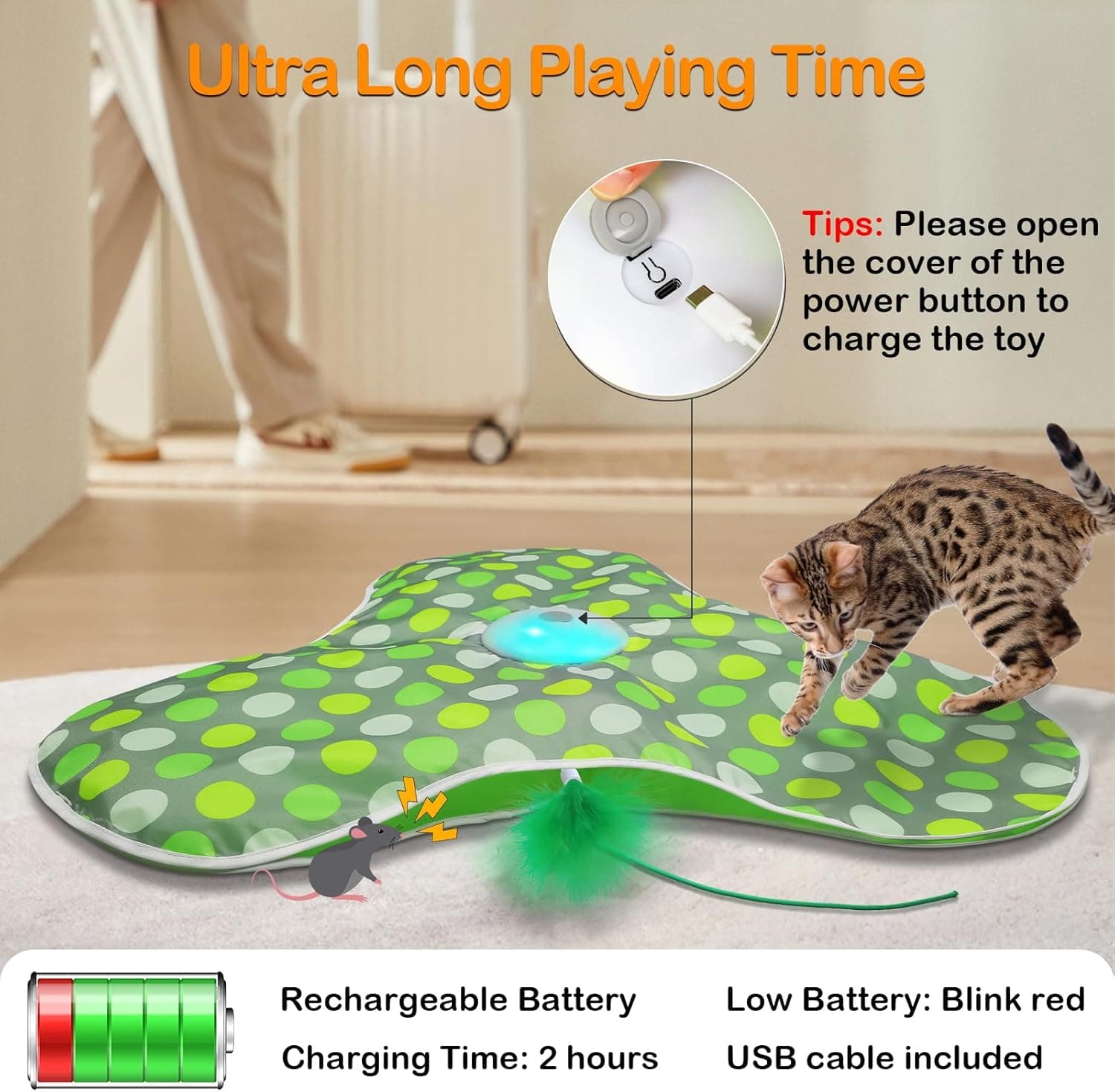 Interactive Cat Toys Rechargeable,Moving Concealed Feathers,Real Mouse Squeaky,Touch Activated Cat Kitten Toy Exercise Toys for Indoor Bored Adult Cats green - Image 7