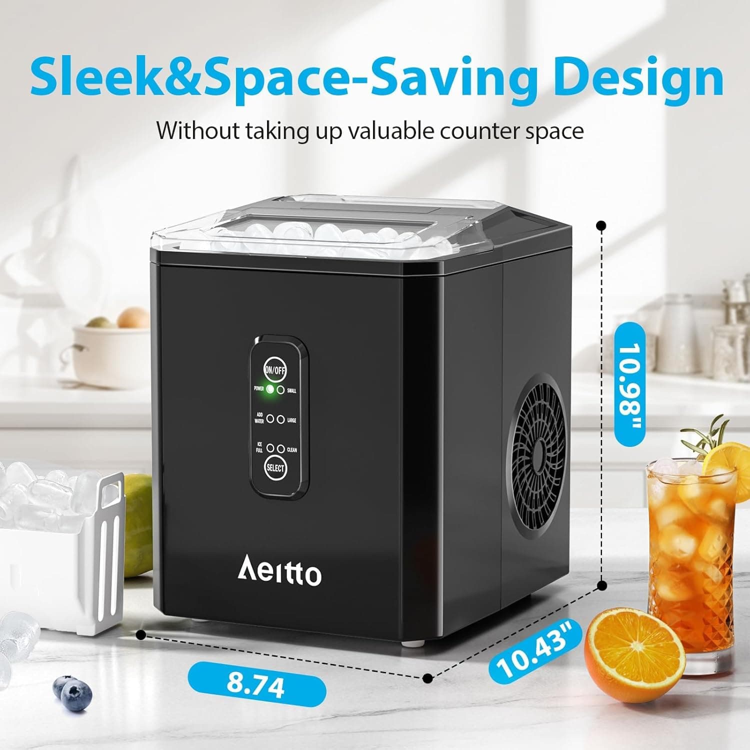 Aeitto Ice Makers Countertop, 9 Ice Cubes Release in 6 Mins, 26Lbs/24H, 2 Sizes of Bullet Ice Machine,Self-Cleaning Portable Ice Maker with Ice Scoop and Basket for Home Kitchen Office Bar RV, Black - Image 6
