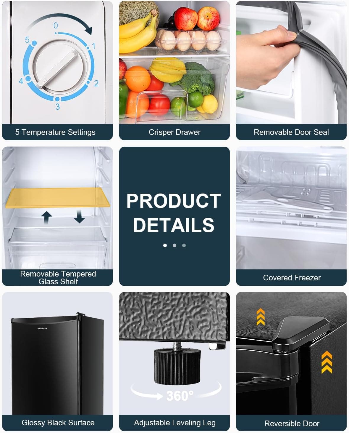 Upstreman 3.2 Cu.Ft Mini Fridge with Freezer, Single Door Mini Fridge, Dorm Fridge, Adjustable Thermostat, Mini Refrigerator for Bedroom, Office, Dorm, Black-BR321 Glossy Black - Image 6