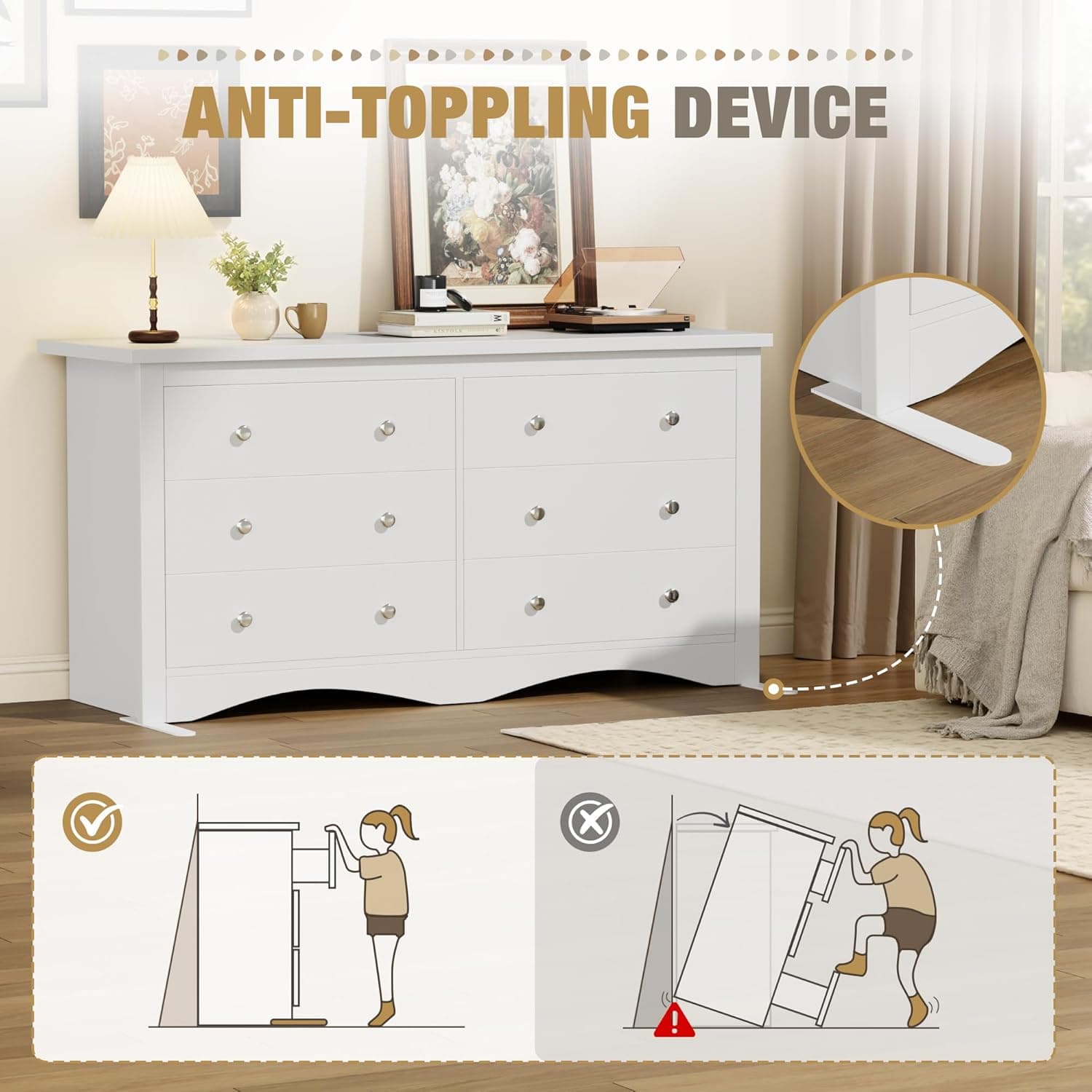 YESHOMY Dresser for Bedroom with 6 Drawers, Modern Chest of Drawers, Wooden Dressers, TV Stand for Living Room,Closet, Hallway (White) - Image 4