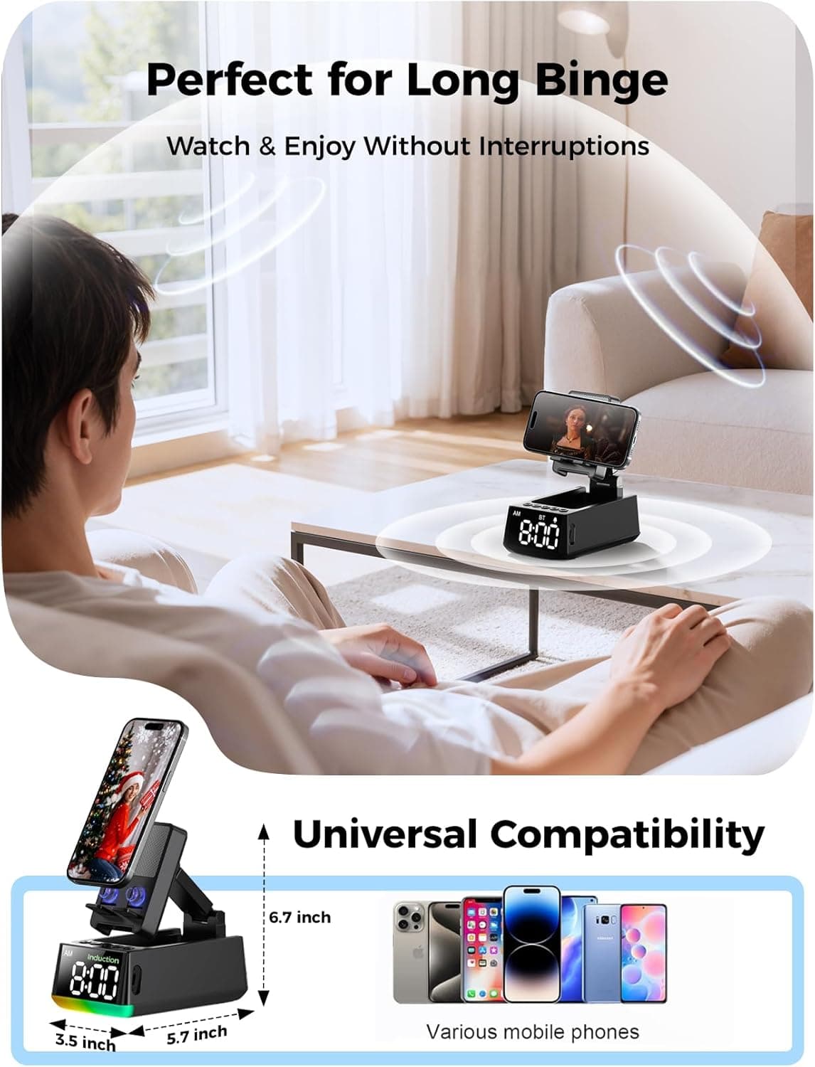 Altavoz Bluetooth Regalo de Cumpleaños para Hombres: Soporte de Teléfono por Inducción Sonido HD Regalos de San Valentín para Él Ella Adulto Adolescente, Soporte Antideslizante para Teléfono Gadget de Cocina Mujeres Mamá Esposa, Papá Esposo Novio (Negro) - Image 6