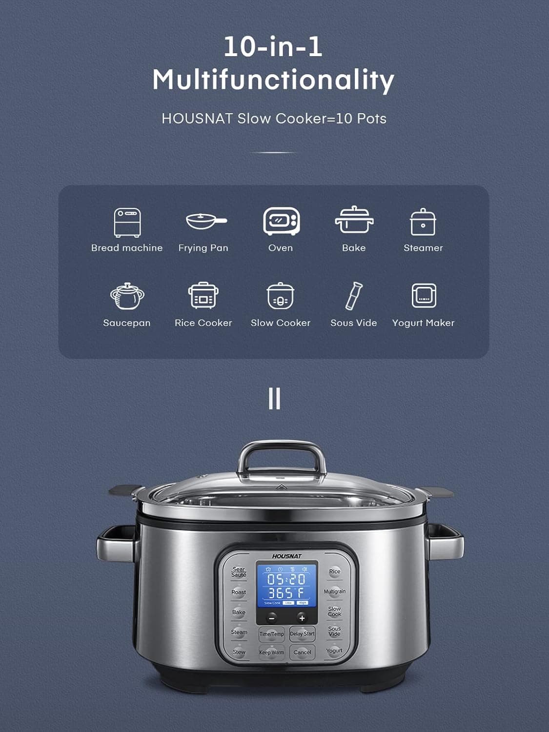 HOUSNAT Slow Cooker, 10 in 1 Programmable Pressure Cooker, 304 Stainless Steel Rice Cookers, Yogurt Maker, 6 QT Sous Vide, Delay Start, Adjustable Temp& Digital Time for Large Families or Entertaining - Image 3