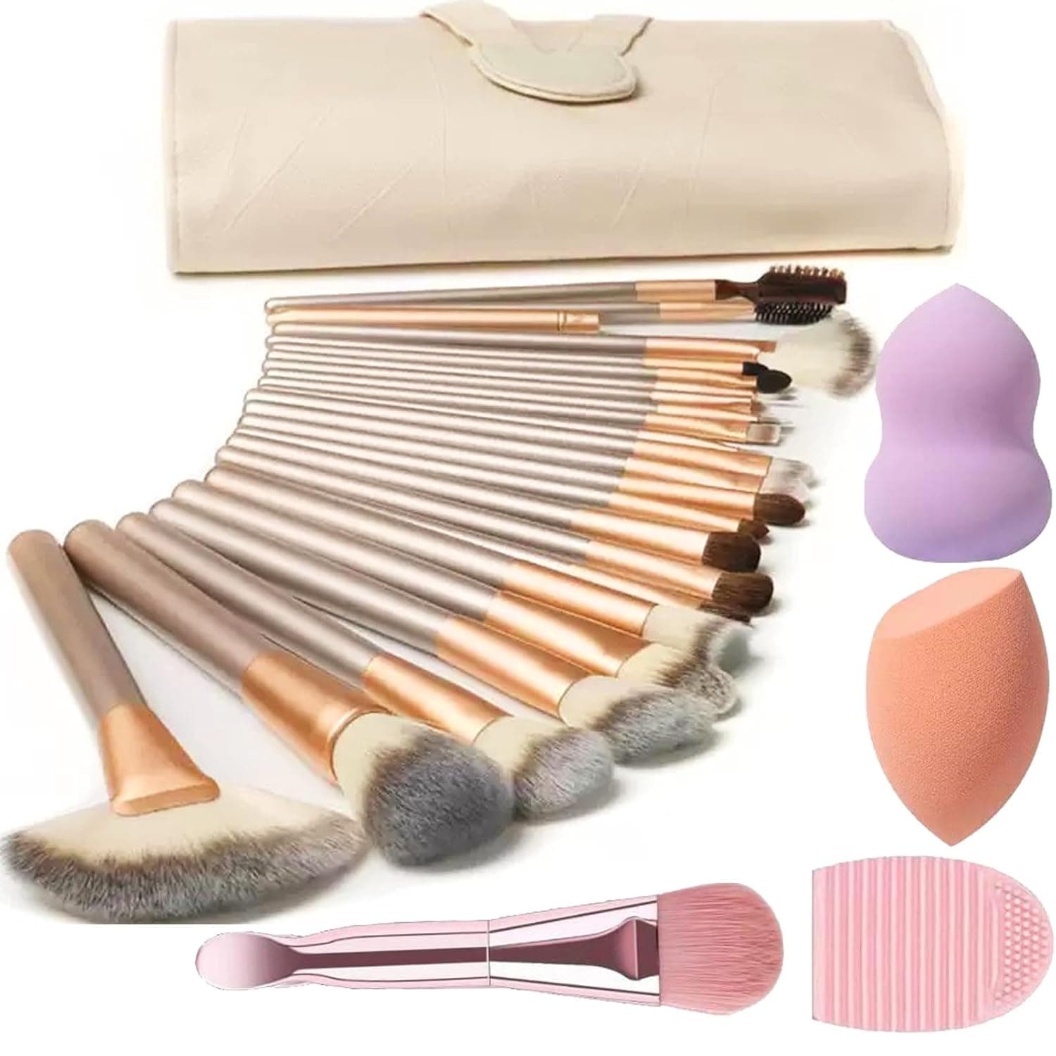 Makeup Brush Sets, NEVSETPO 28PCS Synthetic Makeup Kits Include 24 Makeup Brushes,2 Beauty Blenders, 1 Dual End Masks Spatula, 1 Brush Set Cleaning Mat, Travel-Friendly Makeup Case, Champagne Champagne 24 Count (Pack of 1) - Image 2