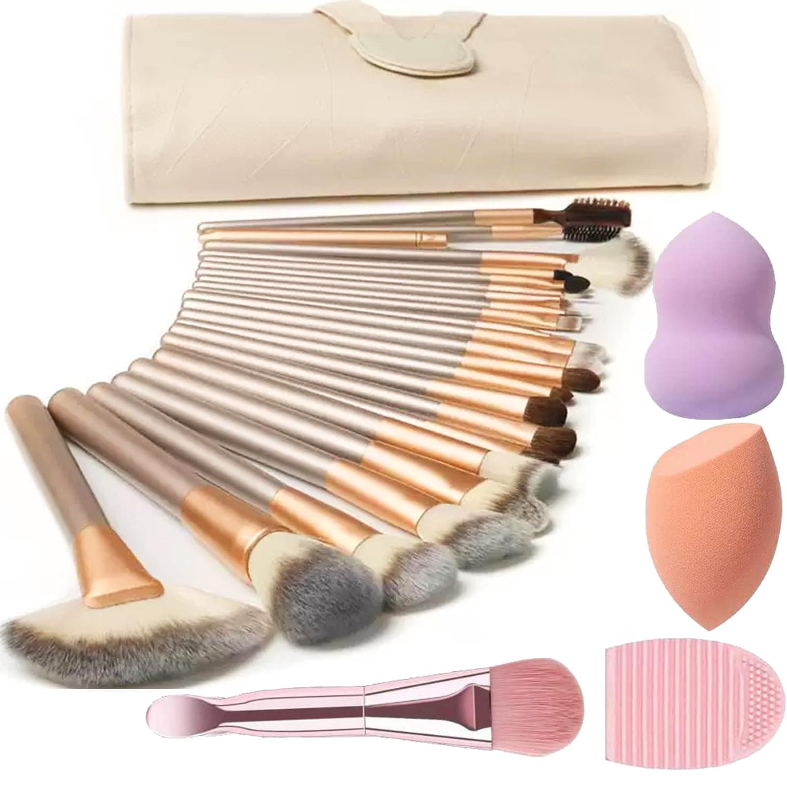 Makeup Brush Sets, NEVSETPO 28PCS Synthetic Makeup Kits Include 24 Makeup Brushes,2 Beauty Blenders, 1 Dual End Masks Spatula, 1 Brush Set Cleaning Mat, Travel-Friendly Makeup Case, Champagne Champagne 24 Count (Pack of 1)