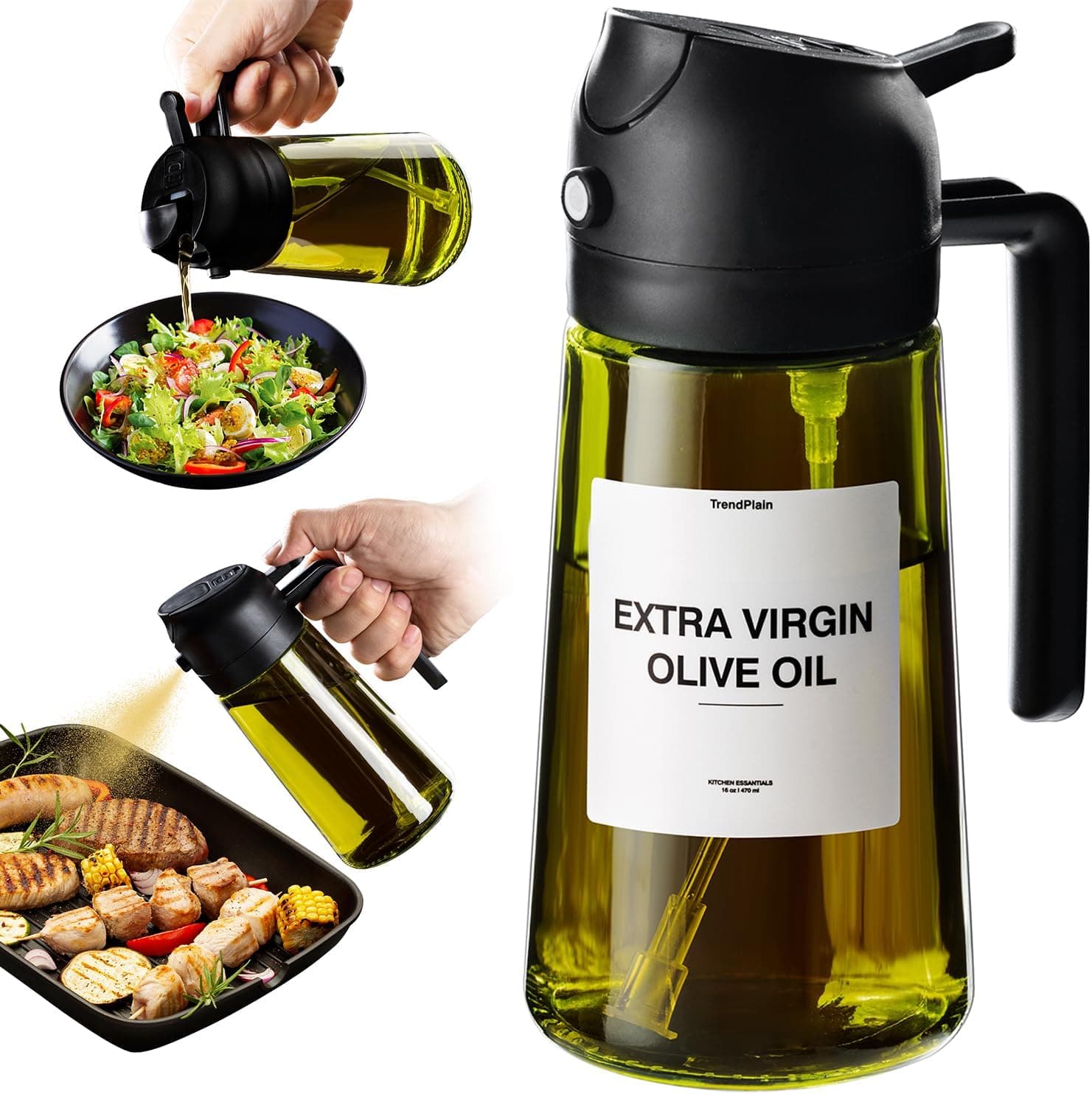 TrendPlain - Original 16oz/470ml Olive Oil Dispenser Bottle for Kitchen Gadgets and Air Fryer Accessories - Olive Oil Sprayer for Cooking w/Stickers - Black 1 Pack Black - Image 2