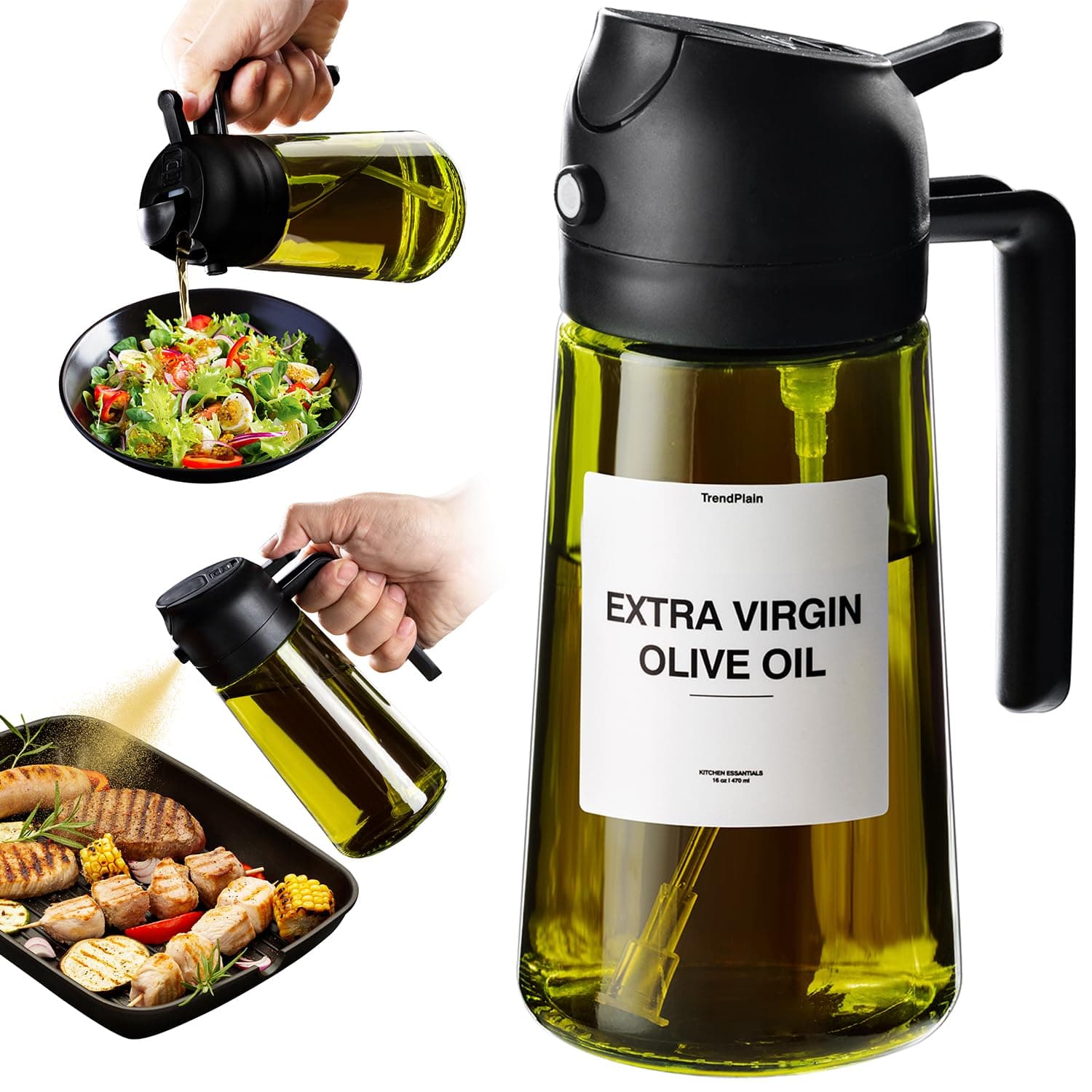 TrendPlain - Original 16oz/470ml Olive Oil Dispenser Bottle for Kitchen Gadgets and Air Fryer Accessories - Olive Oil Sprayer for Cooking w/Stickers - Black 1 Pack Black