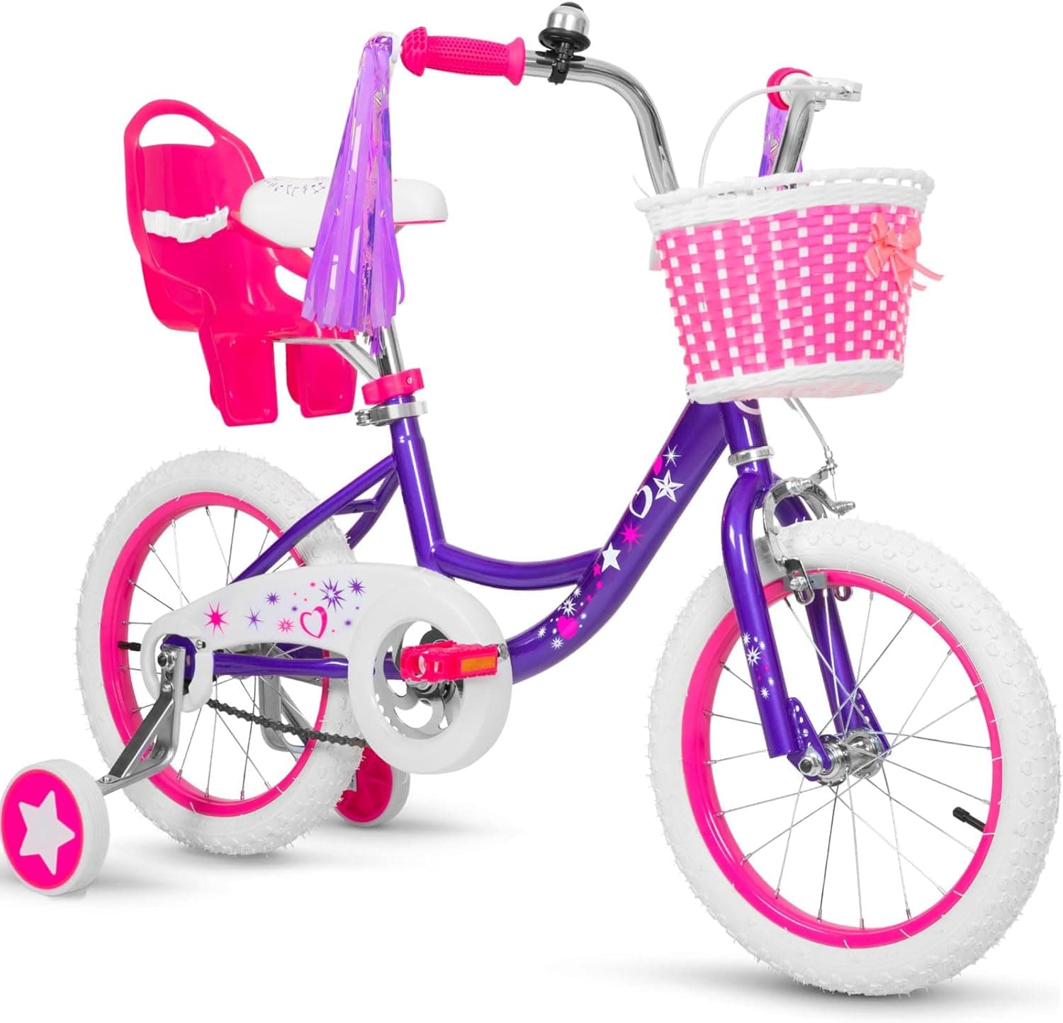 WEIZE Girls Bike for 3-12 Years Old Kids, 14 16 20 Inch Kids Bike with Training Wheels, Streamers, Basket and Doll Seat, Children Bicycles with Coaster Brake, Multiple Colors Purple 14 Inch With Training Wheels - Image 2