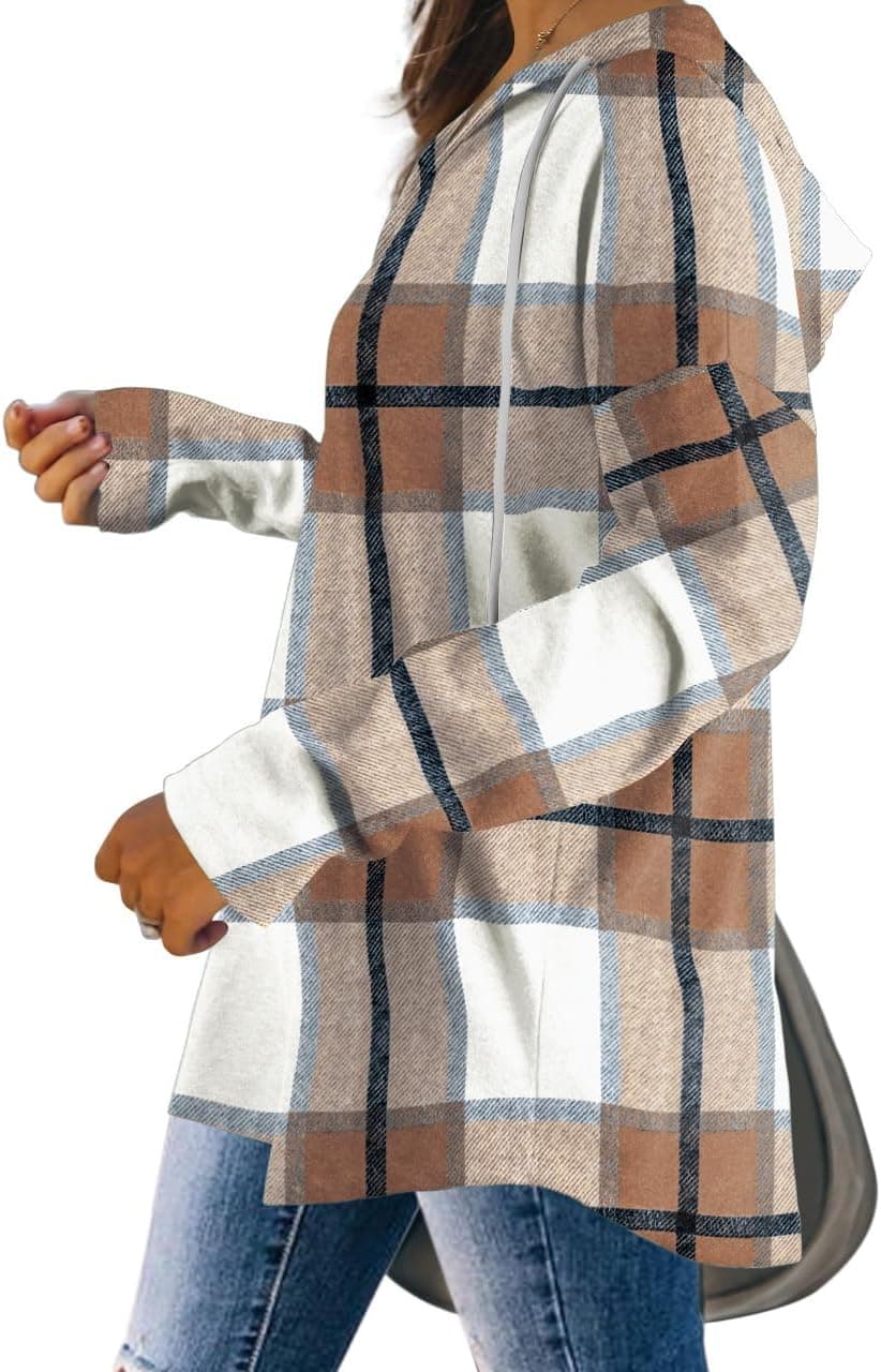 Bofell Womens Fashion Tops Hoodies for Women Pullover Oversized Sweatshirts Long SLeeve Shirts Loose Fit Brown Plaid Large - Image 3