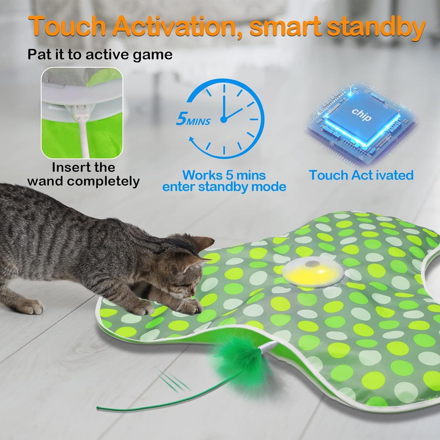 Interactive Cat Toys Rechargeable,Moving Concealed Feathers,Real Mouse Squeaky,Touch Activated Cat Kitten Toy Exercise Toys for Indoor Bored Adult Cats green - Image 5
