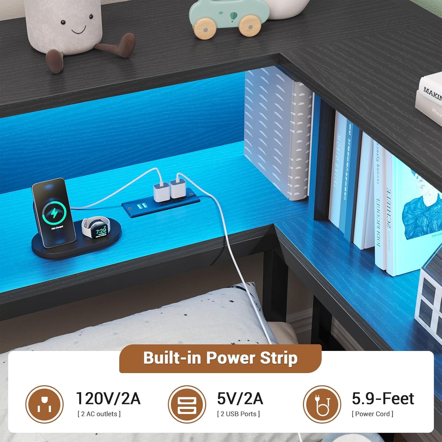 Hasuit Twin Corner Bed Frame with Storage Drawers and Bookcase Headboard, Twin Size Metal Platform Corner Bed Frame with Charging Station and LED Lights, Twin Daybed for Kids Teens Guests, Black Twin Black - Image 6