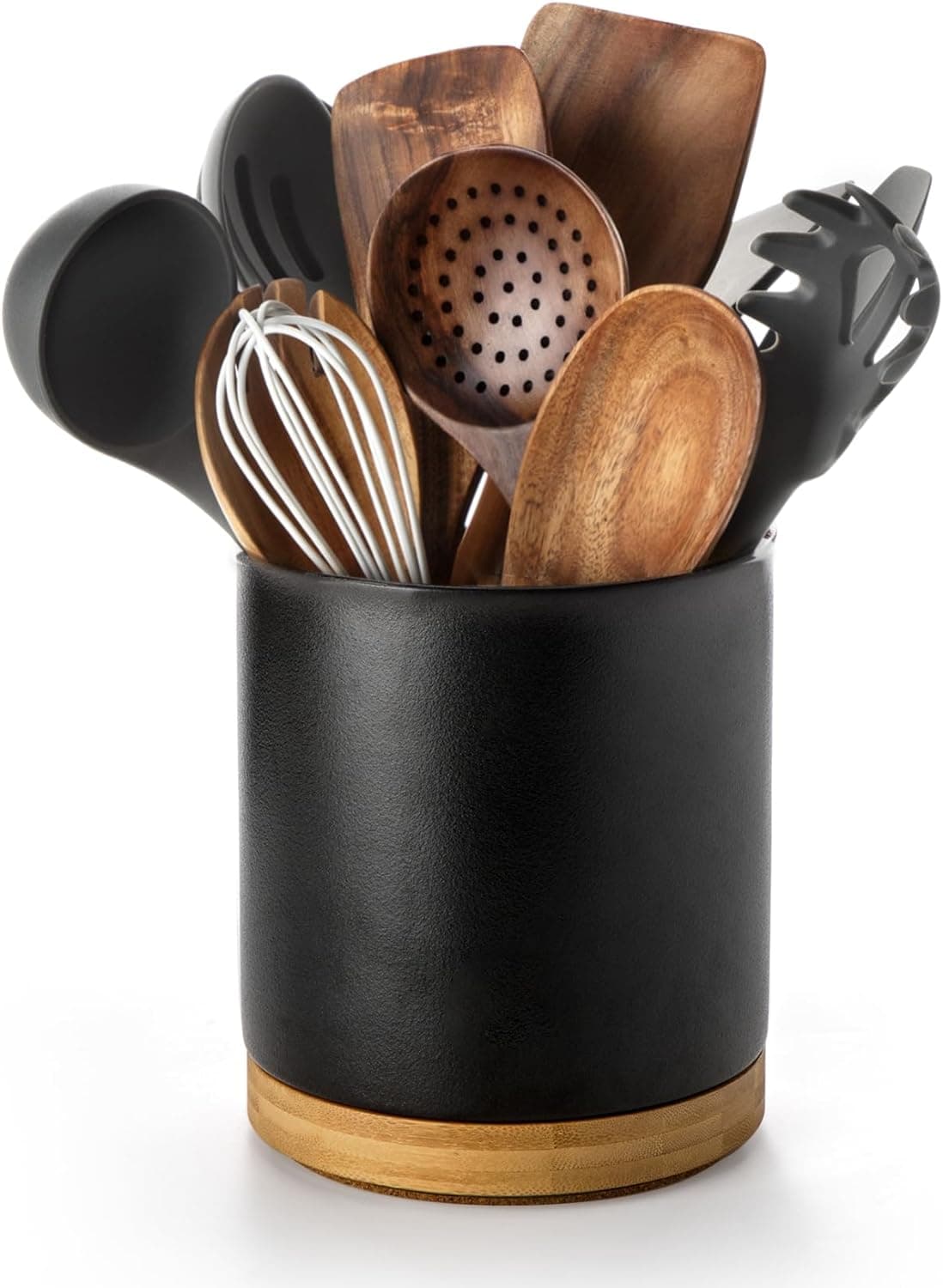 Nucookery 360°Rotating Utensil Holder, 7.2" Kitchen Utensil Crock, Ceramic Cooking Utensil Organizer with Countertop-Protection Cork Bottom for Farmhouse Kitchen Decor Christmas (Stone Black) - Image 2