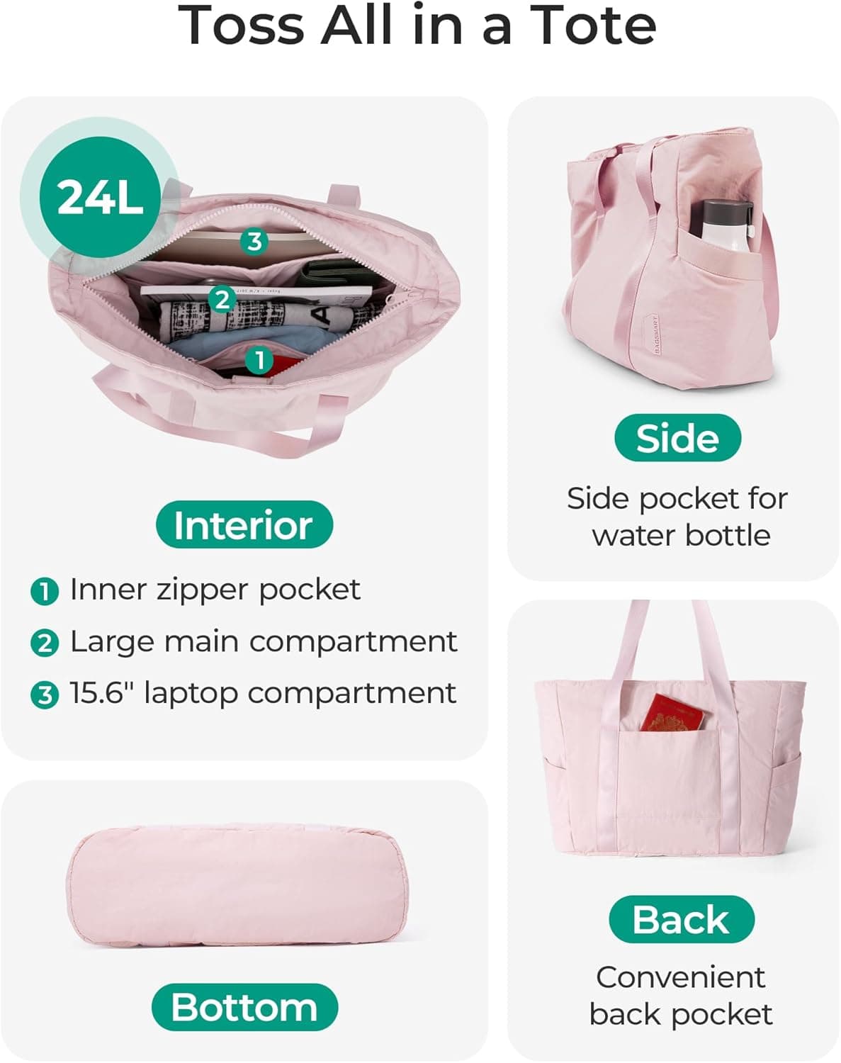BAGSMART Tote Bag for Women, Tote Bag with Zipper Work Tote with Compartments Nurse Shoulder Hanbag for Travel, Gym Small B-pink-24l-fits 15.6" Laptop - Image 5