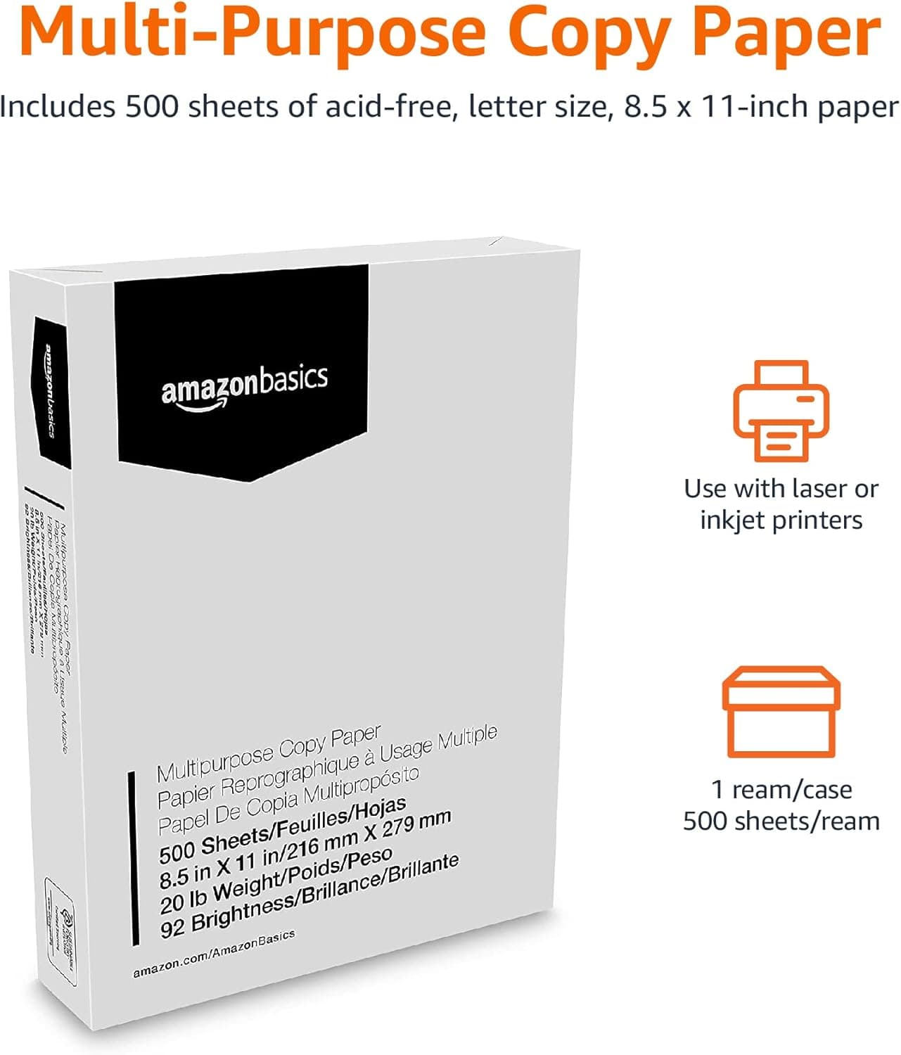 Amazon Basics Multipurpose Copy Printer Paper, 8.5 x 11 Inches, 20 lb, 1 Ream, (500 Sheets), 92 Bright, White 1 Ream | 500 Sheets Letter (8.5x11) - Image 3