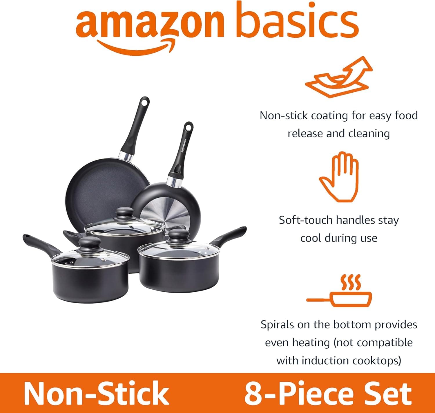 Amazon Basics Non Stick Kitchen Cookware 8-Piece Set, Non-Induction, Includes Pots and Pans, Black - Image 3