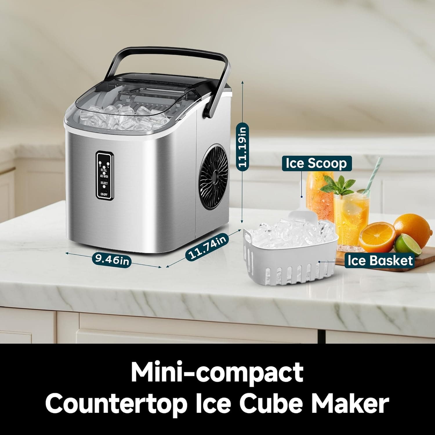 EUHOMY Ice Maker Countertop, 9 Cubes Ready in 6 Mins, 26lbs/24H, Self-Cleaning, Portable Ice Maker Machine with Carry Handle, Basket and Scoop, 2 Sizes of Bullet Ice for Home, Kitchen, Office - Image 8