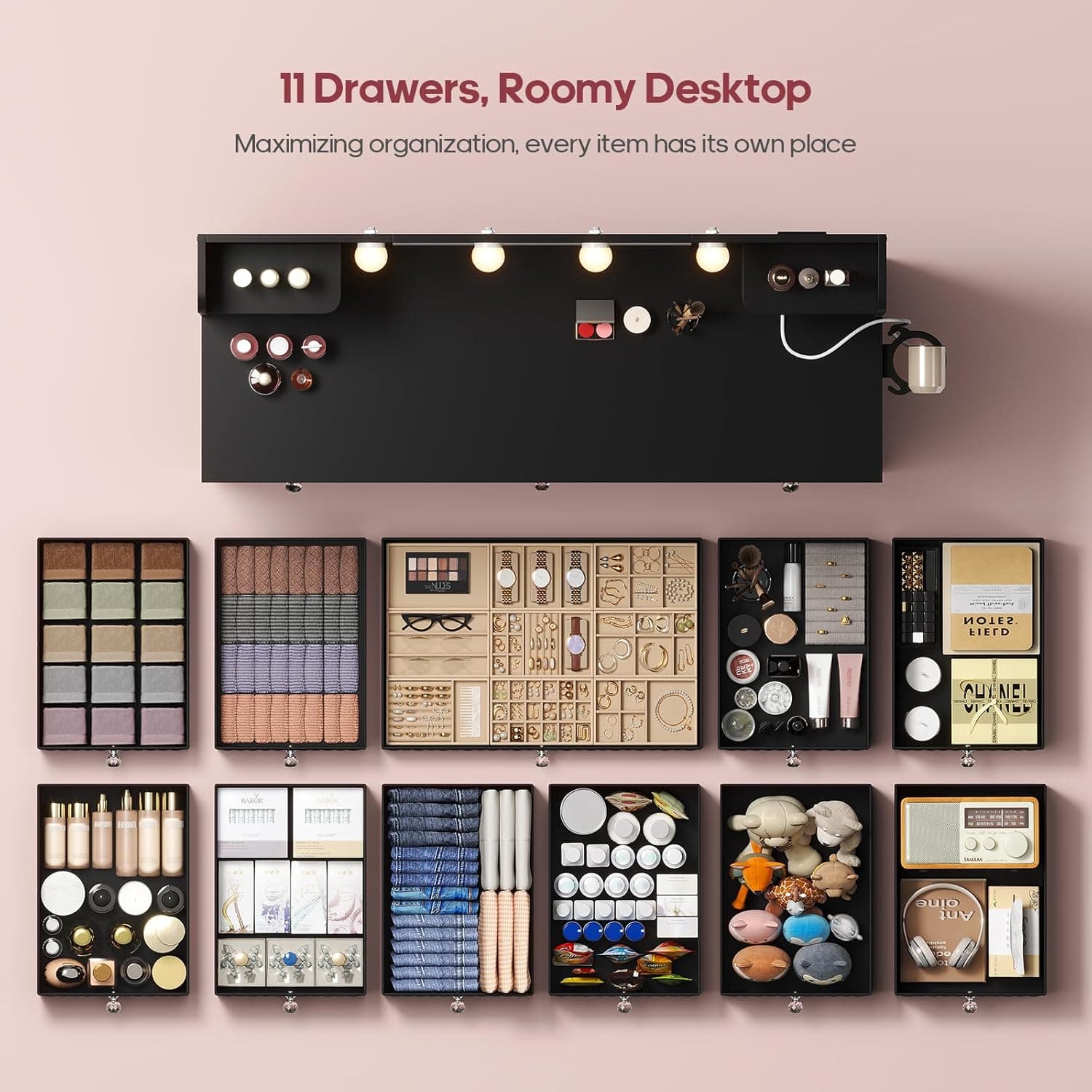 Vanity with Lights and Mirror, 11 Drawer Makeup Vanity with Power Strip, 6 Open Shelves, 43.3” Vanity Desk with Storage, Dressing Table with 3 Color Modes for Bedroom, Women, Girls, Black - Image 4