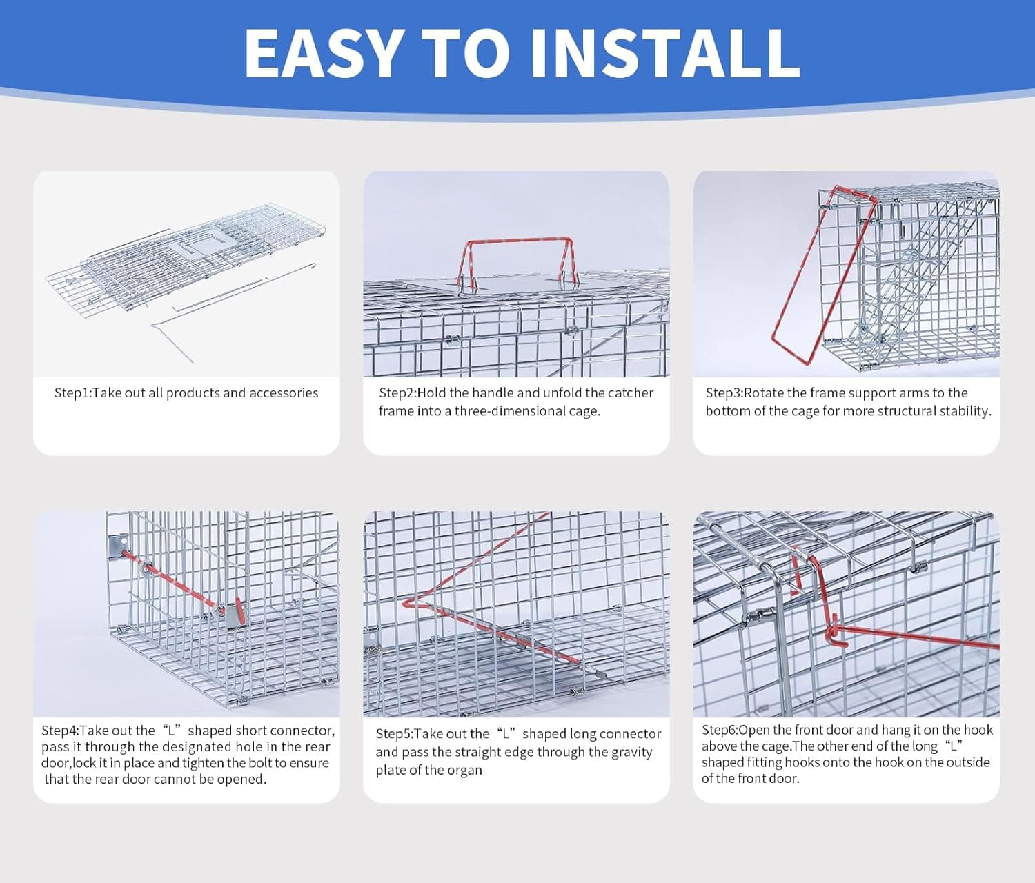 32” Humane Animal Trap, Live Animal Trap Cage for Stray Cats, Raccoons, Squirrels, Rabbits, Moles, Groundhogs, Armadillos up to 16.5 lbs, Galvanized Rustproof Live Animal Cage Trap - Image 9