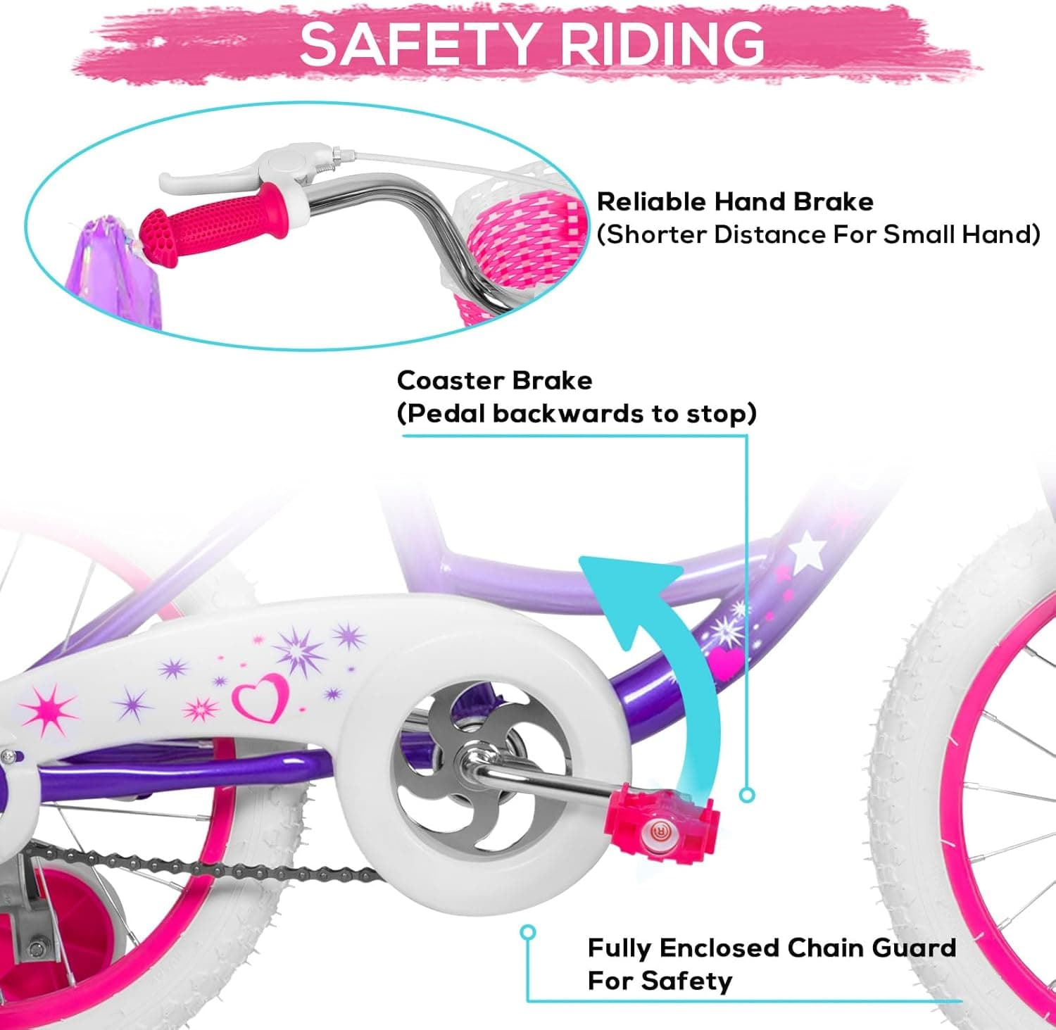 WEIZE Girls Bike for 3-12 Years Old Kids, 14 16 20 Inch Kids Bike with Training Wheels, Streamers, Basket and Doll Seat, Children Bicycles with Coaster Brake, Multiple Colors Purple 14 Inch With Training Wheels - Image 4