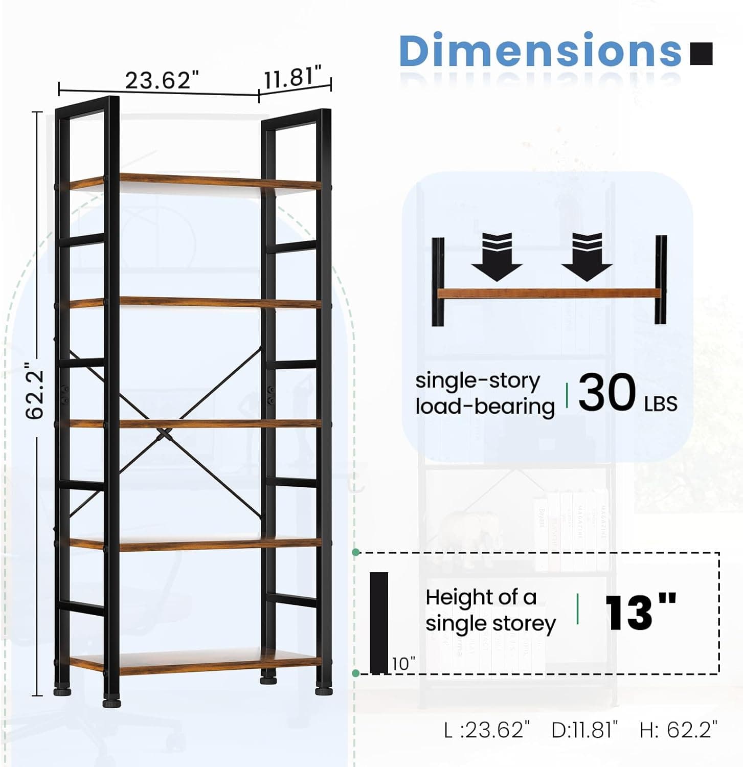 DUMOS 5 Tiers Bookshelf, Classical Modern Book Shelf, Tall Display Shelves in Living Room/Home/Office, Storage Organizer for CDs/Books/Movies, Rustic Brown Rustic Brown 5 Tier - Image 3
