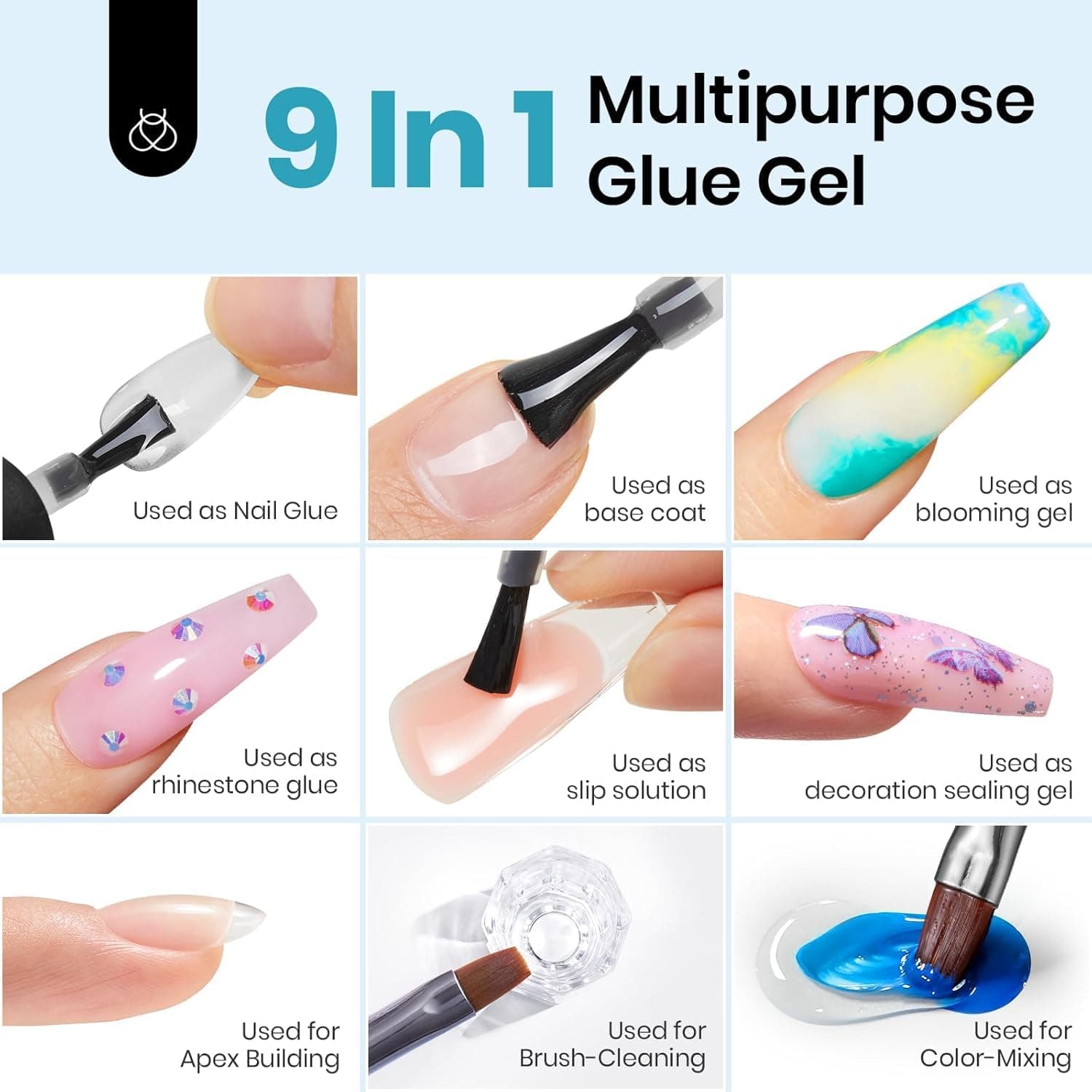 Beetles Gel Nail Glue and No Wipe Top Coat Kit, 2Pcs 15ml 9 In 1 UV Nail Glue for Acrylic Nail Tips Clear Press On Nails, Easy Nail Extension Gel, Soak Off LED Shine Finish DIY Home Manicure 0-Nail Glue and Top Coat - Image 3