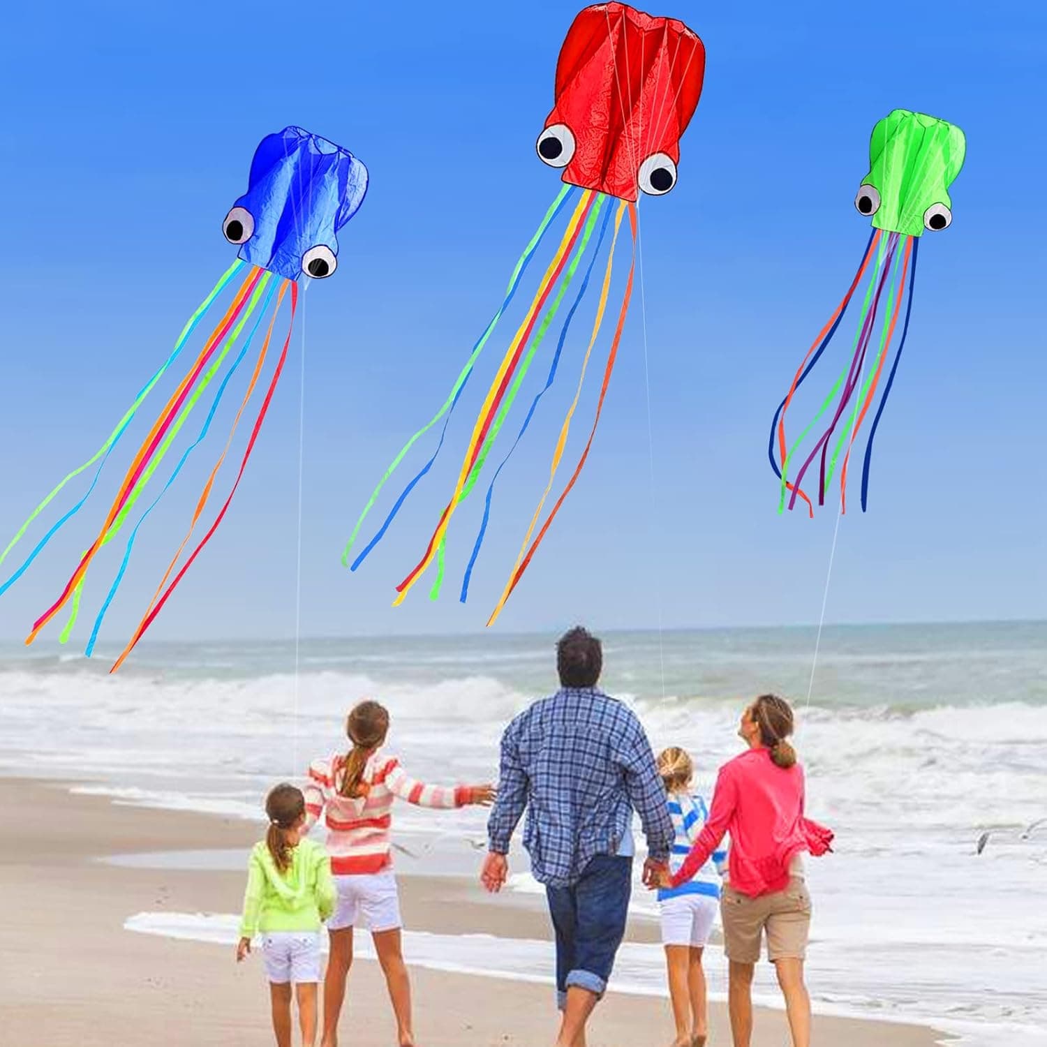 Hengda Kite Soft Octopus Kite Series, Beautiful Kite with Long Colorful Tail for Kids and Adults, Easy to Fly Beach Kites, Excellent Outdoor Games and Activity Toys, Suitable for Beginners. 3 Blue+Red+Green - Image 4