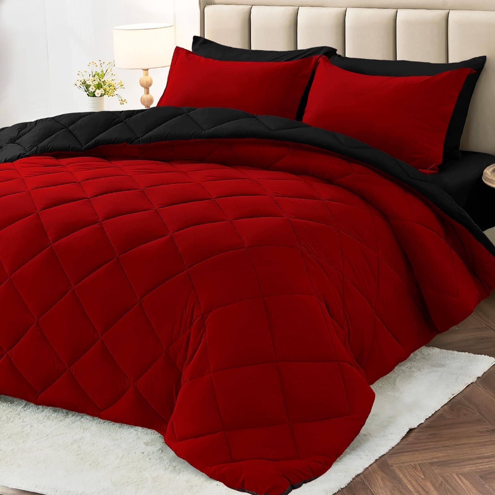 MUXHOMO 7 Pieces Queen Comforter Set, Reversible Bed in a Bag Queen Size, All Season Bedding Set with Comforter, Flat Sheet, Fitted Sheet, Pillowcases & Shams, Red & Black Queen (88"x88") 01 - Red/Black