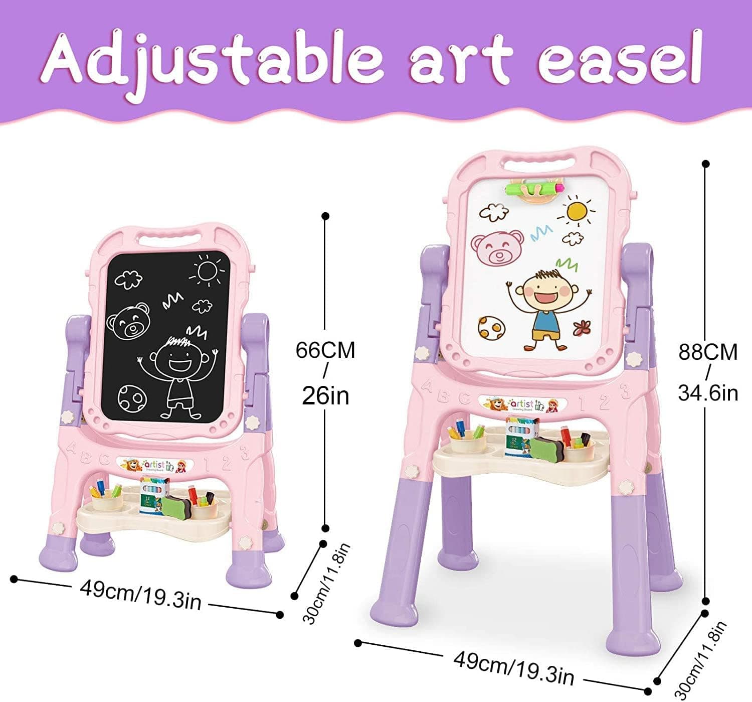 Art Easel for Kids, Adjustable Standing Rotatable Double Sided Easel with Painting Accessories for Toddlers Boys and Girls-Pink - Image 3