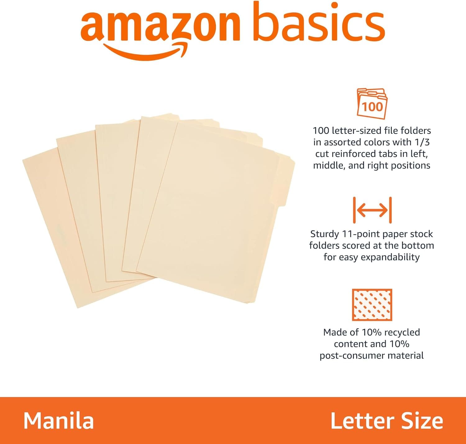 Amazon Basics File Folders with Tabs for Filing, 1/3-Cut Tab, Assorted Positions, 8.5x11 inches, Letter Size, Manila, Pack of 100 Manila Letter - Image 3