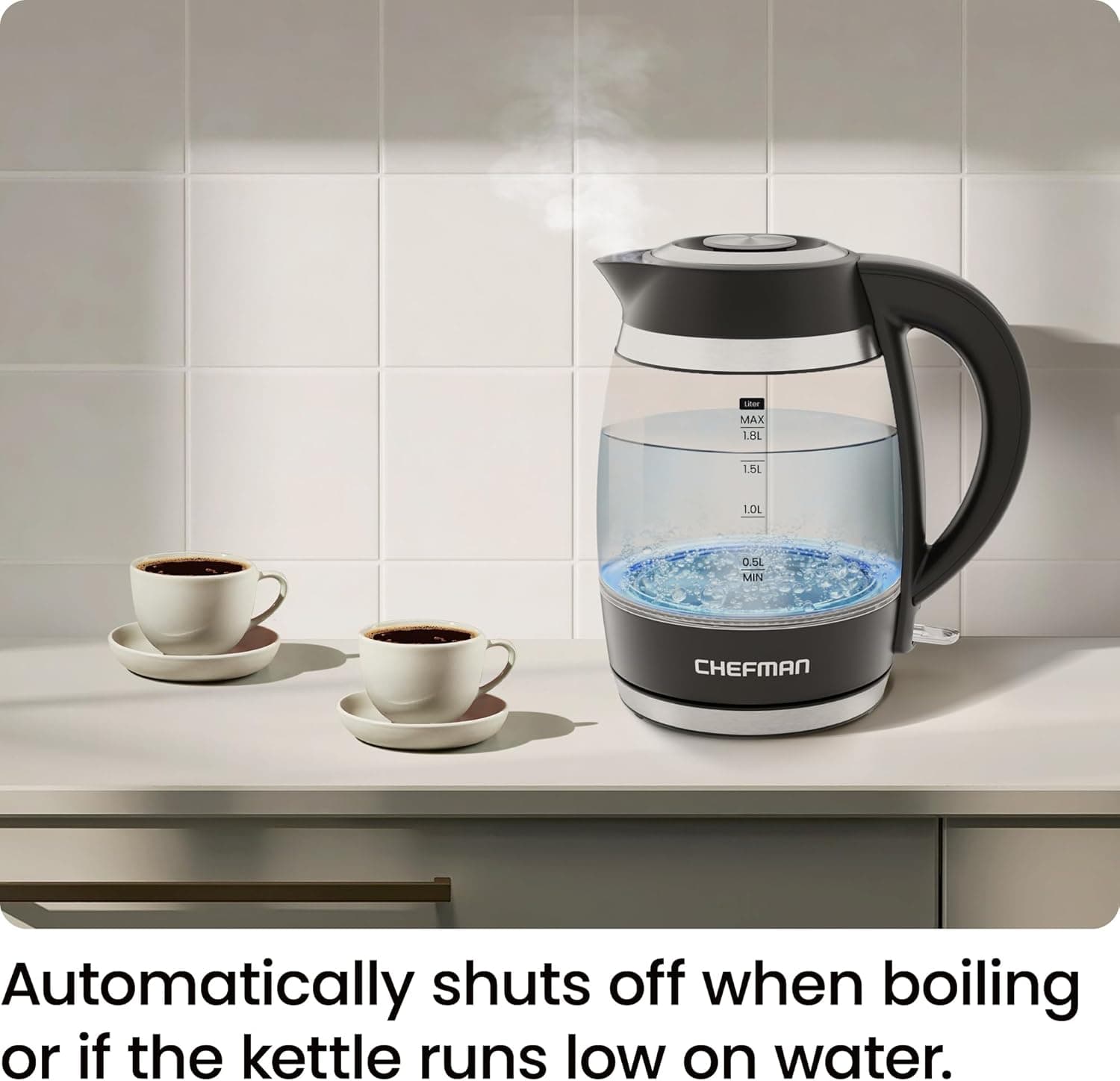 Chefman Electric Kettle, 1.8L 1500W, Hot Water Boiler, Removable Lid for Easy Cleaning, Auto Shut Off, Boil-Dry Protection, Stainless Steel Filter, BPA Free, Borosilicate Glass Electric Tea Kettle Black - Image 8