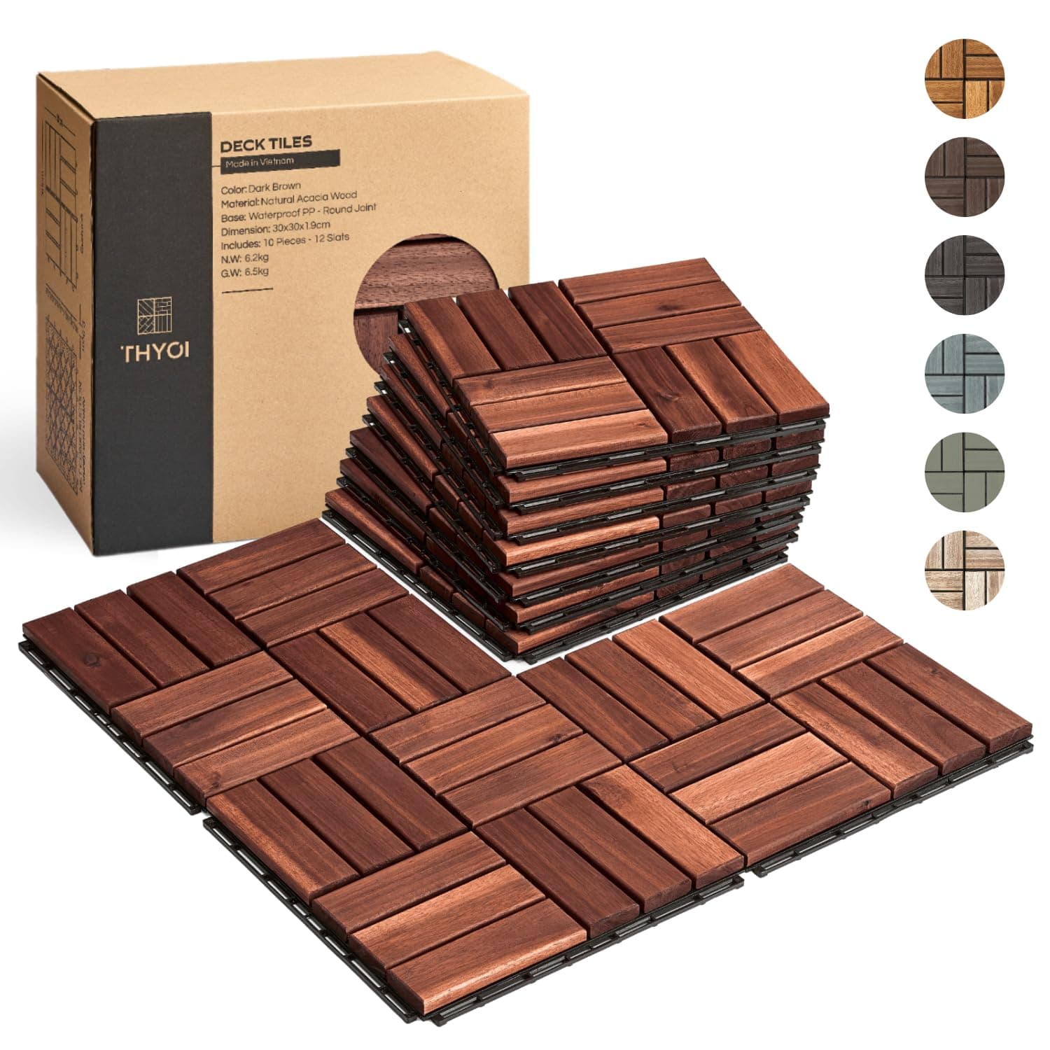 10 Pcs Deck Tiles, Patio Flooring - Outdoor Waterproof Acacia Wood Tiles for All Weather Use - Balcony, Backyard, Indoor & Outdoor (Dark Brown Crossed Pattern, 10 Square Ft) Dark Brown Crossed Pattern 10 Pcs - 10 Square Ft - Image 2