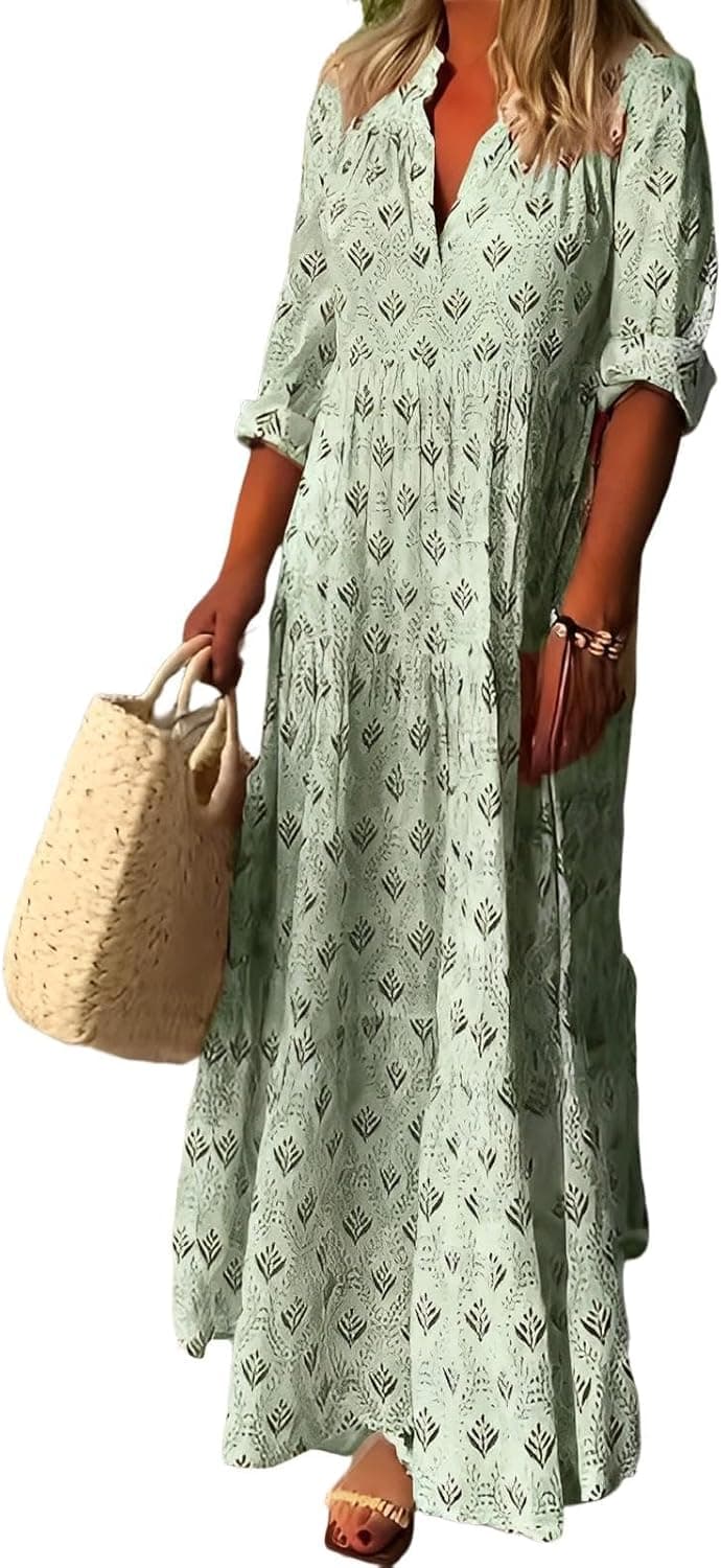 Boho Maxi Dress for Women 2025 Trendy Long Sleeve Floral Dress Tiered Flowy Dress Loose Spring Long Dresses Green Medium - Image 2