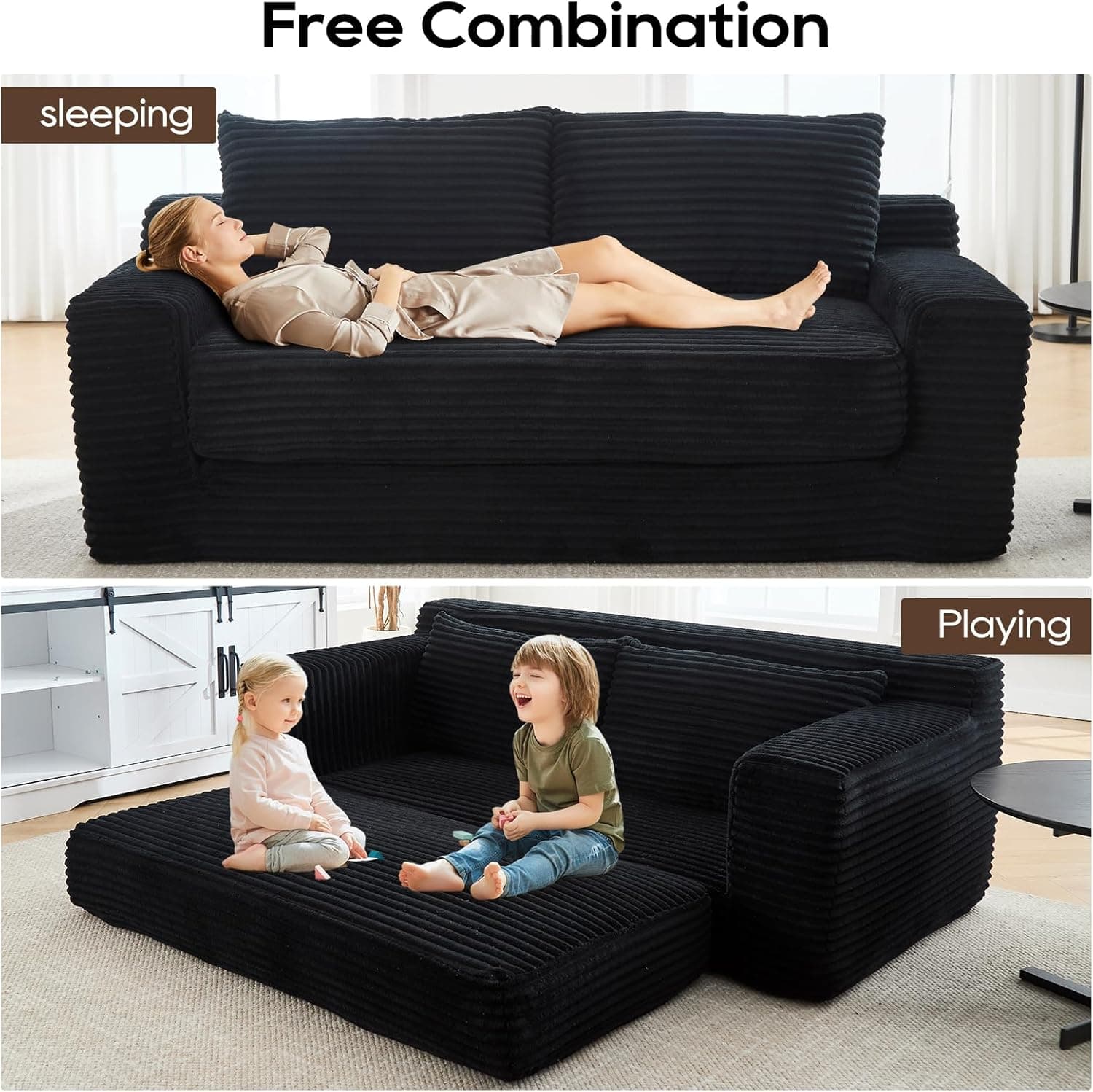 GNIXUU Corduroy Cloud Loveseat Sofa, 2 in 1 Convertible Black Boneless Sleeper Sofa with Fixed-Shape Frame, Comfy Folding Love Seat Couches for Living Room, Apartment, Small Spaces - Image 6