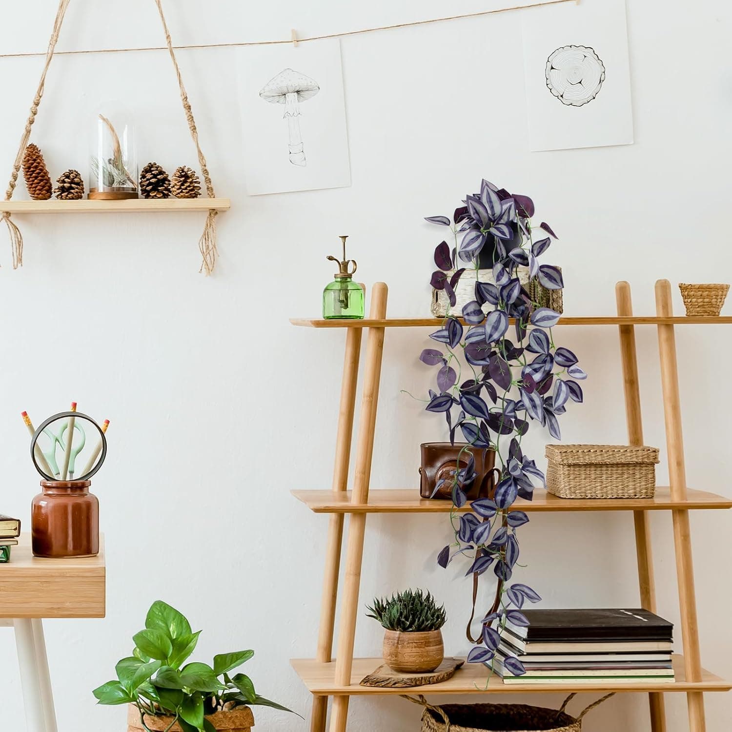 LOYWREE Small Fake Hanging Purple Eyebrow Leaf Plant Artificial Potted Plants Indoor 39-in Long Faux Dark Black Vine Plant with Pot for Shelf Home Office and Outdoor Garden Decor (Black Pot) Dark Eyebrow 1Pack - Image 7