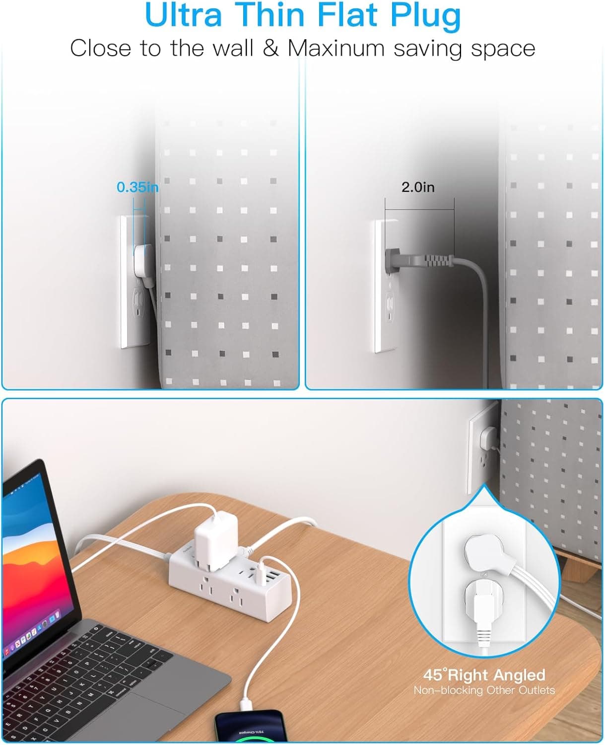 One Beat 10Ft Extension Cord with Multiple Outlets,Flat Plug Power Strip Surge Protector with 10 Ft Long Cord,6 Outlet 4 USB Ports (2USB C),Multi Outlet Wall Plug for Travel,College,Dorm Essentials White 10FT - Image 7