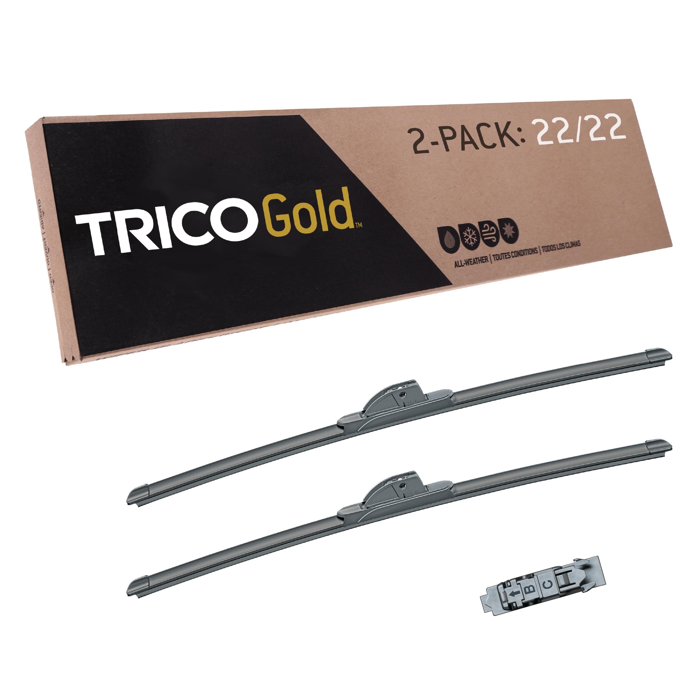 TRICO Gold 22" + 22" Premium Automotive Replacement Windshield Wiper Blades (Set of 2), Passenger and Driver Side All-Weather Beam Wiper Blades for Select Vehicle Models 22" + 22" Pair Pack Premium
