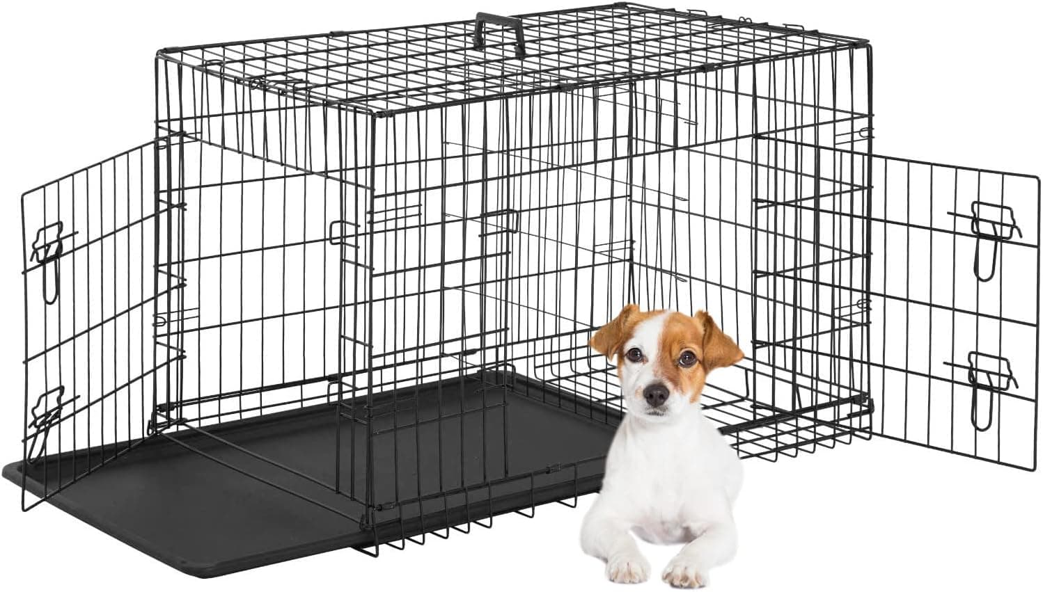 FDW Dog Crate for Small Dogs 24 Inch Folding Metal WirePet Cage Double Door W/Divider Panel Indoor Outdoor Kennel Leak-Proof Plastic Tray,Black Black 24 Inch Double Door - Image 2