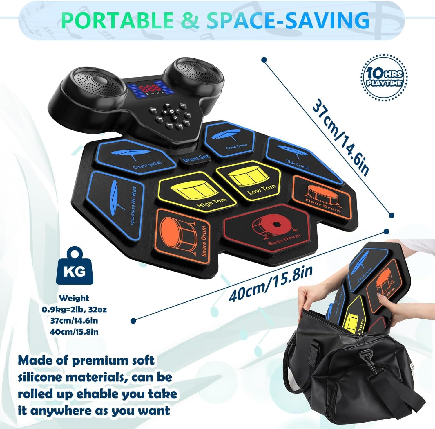 Electronic Drum Set - YUOIOYU Electric Drum Set Roll Up Portable Drum Kit MIDI Practice Drum Pad with Dual Built-in Speaker, Drum Sticks and Pedals, Christmas Birthday Gift for Kids Adult Colorful - Image 5