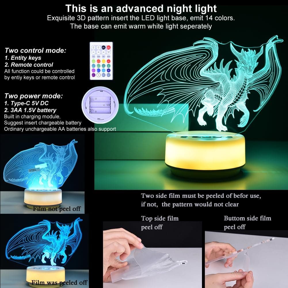 Night Light Spyro Dragon Toys,14 Color + Warm White Base LED Decor Light, Entity&Remote Control Christmas Birthday Gifts to Kids & Girls(New Generation) - Image 8