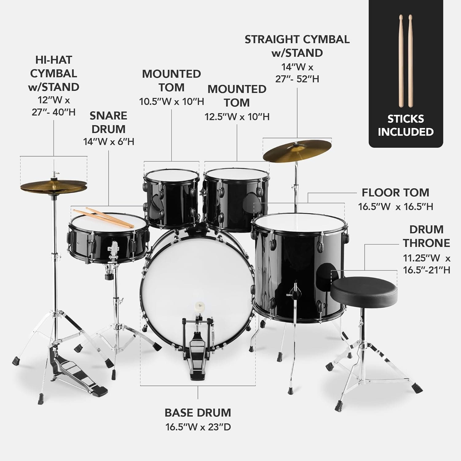 Best Choice Products 5-Piece Full Size Complete Adult Drum Set w/Cymbal Stands, Stool, Drum Pedal, Sticks, Floor Tom - Black - Image 3