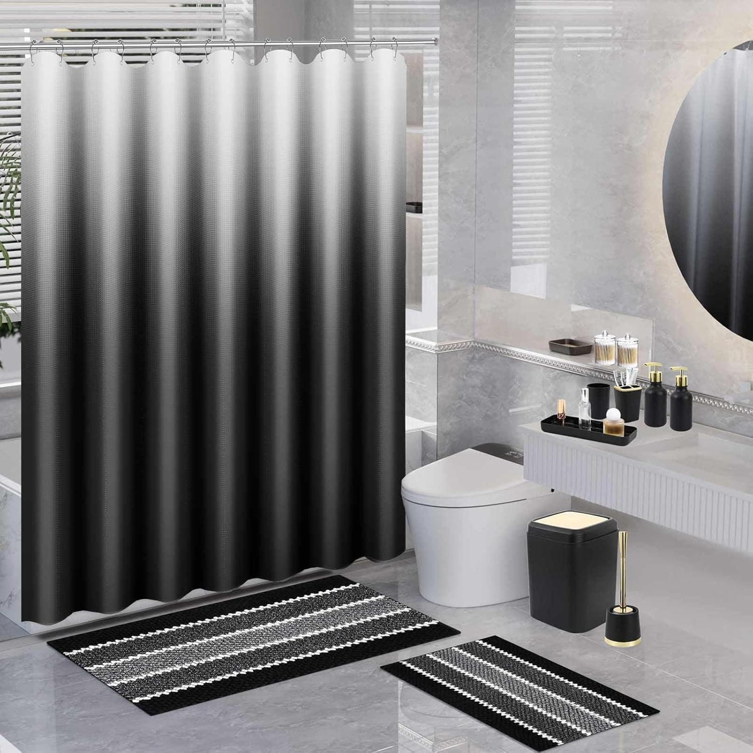 25PCS Black Bathroom Accessories Sets Complete, with Shower Curtain, Rugs, Trash Can and Toilet Brush, Soap Dispenser, Toothbrush Holder and Cup, Soap Dish, Qtip Holder, Bathroom Decor Sets Black Bathroom Set Complete-Gold - Image 7