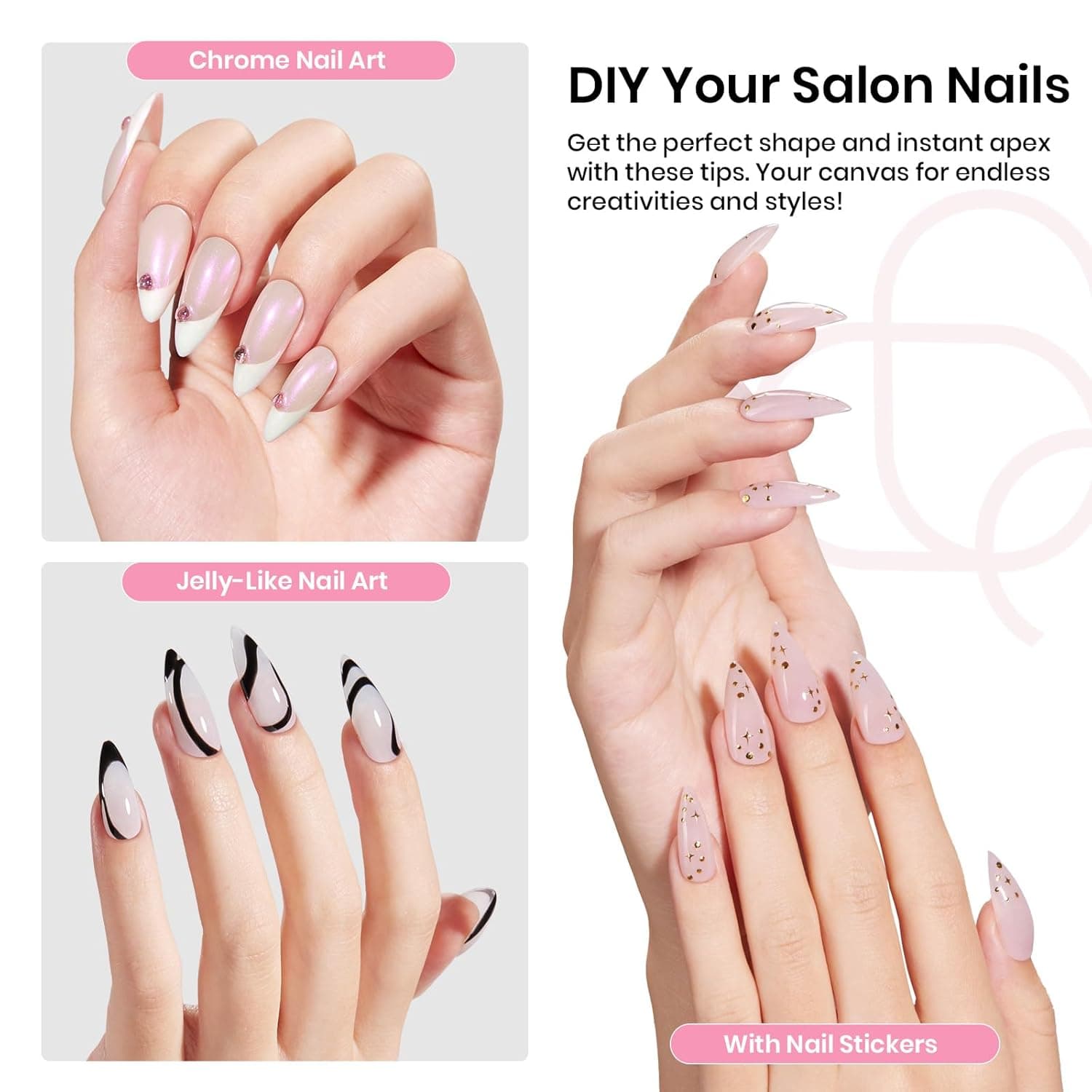 Beetles Tipex Gel Nail Kit, Medium Almond Nail Tips 224 Pcs 16 Sizes Pre-Building Pre-Etched Thick Acrylic Tips with Tipex Glue, Mini Lamp 1L-Almond Medium 224pcs (Tipex Nail Kit) - Image 3