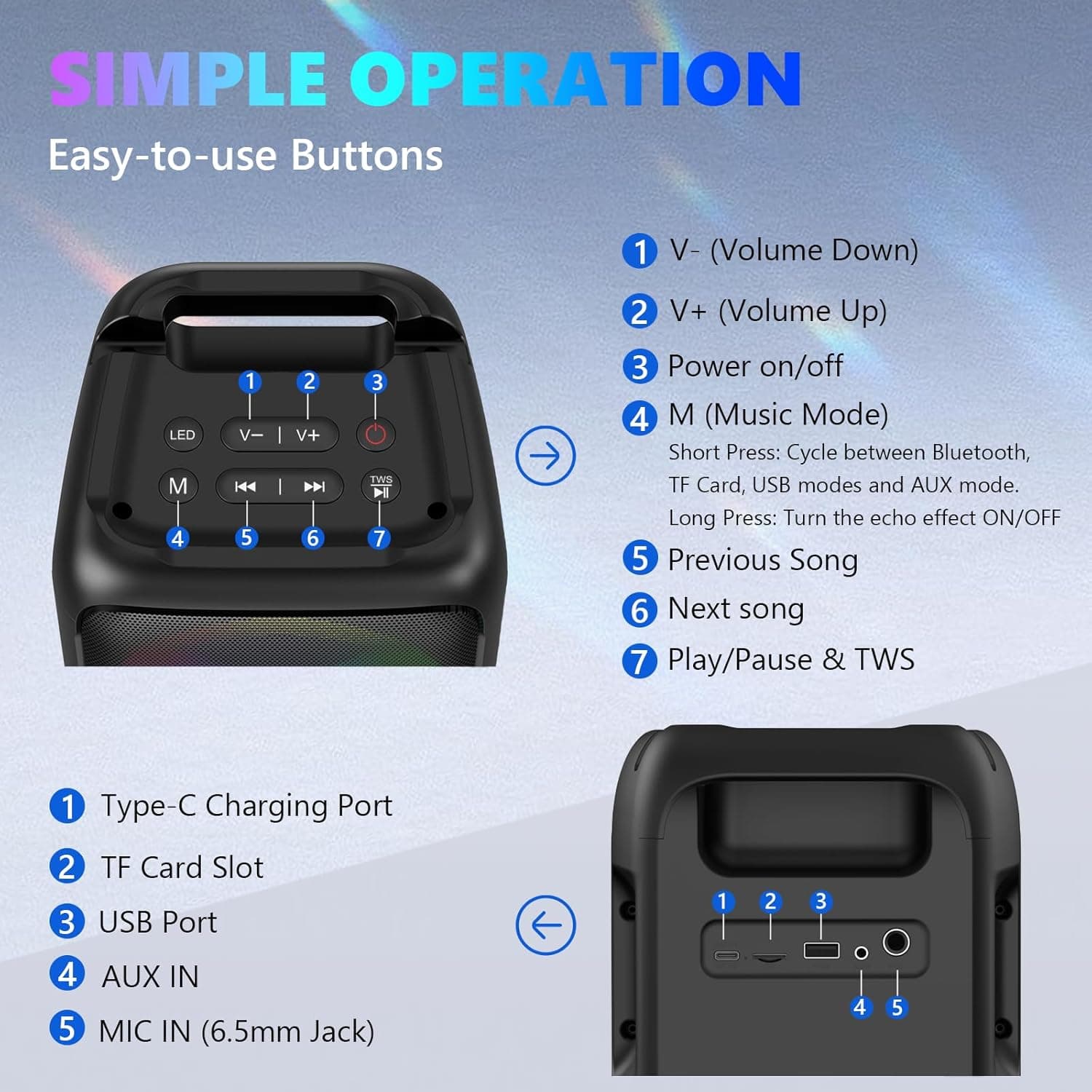 Karaoke Machine, Portable Bluetooth Speaker with 2 Wireless Karaoke Microphones, Karaoke Machine for Adults Kids with PA System,Stage Monitors Support TWS/TF/USB/AUX for Home Party Stage,Xmas Gifts Black - Image 8