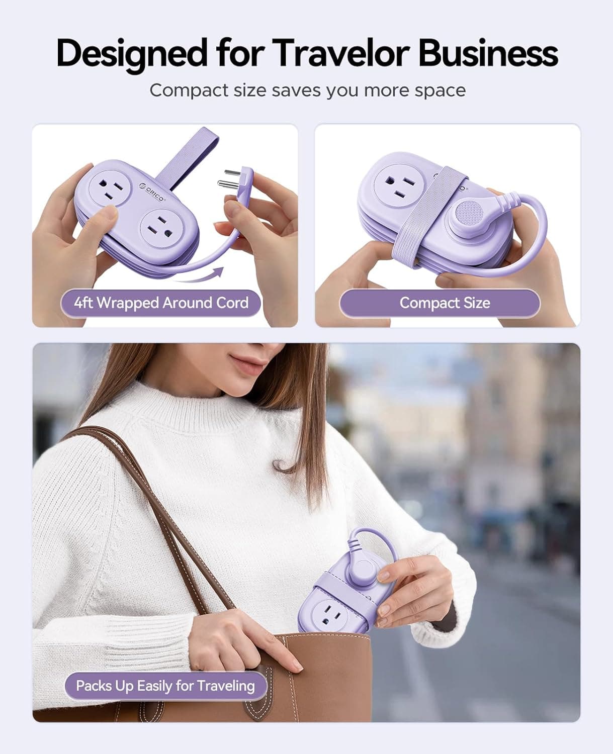 ORICO 4FT Purple Travel Power Strip with 4 AC Outlets, 2 USB-A Ports, and 1 USB-C Port, 45° Flat Plug Extension Cord with Non Surge Protector for Travel/Home/Dorm/Office-AP3 Purple 1 USB-C 2 USB-A | 4 Outlets - Image 3