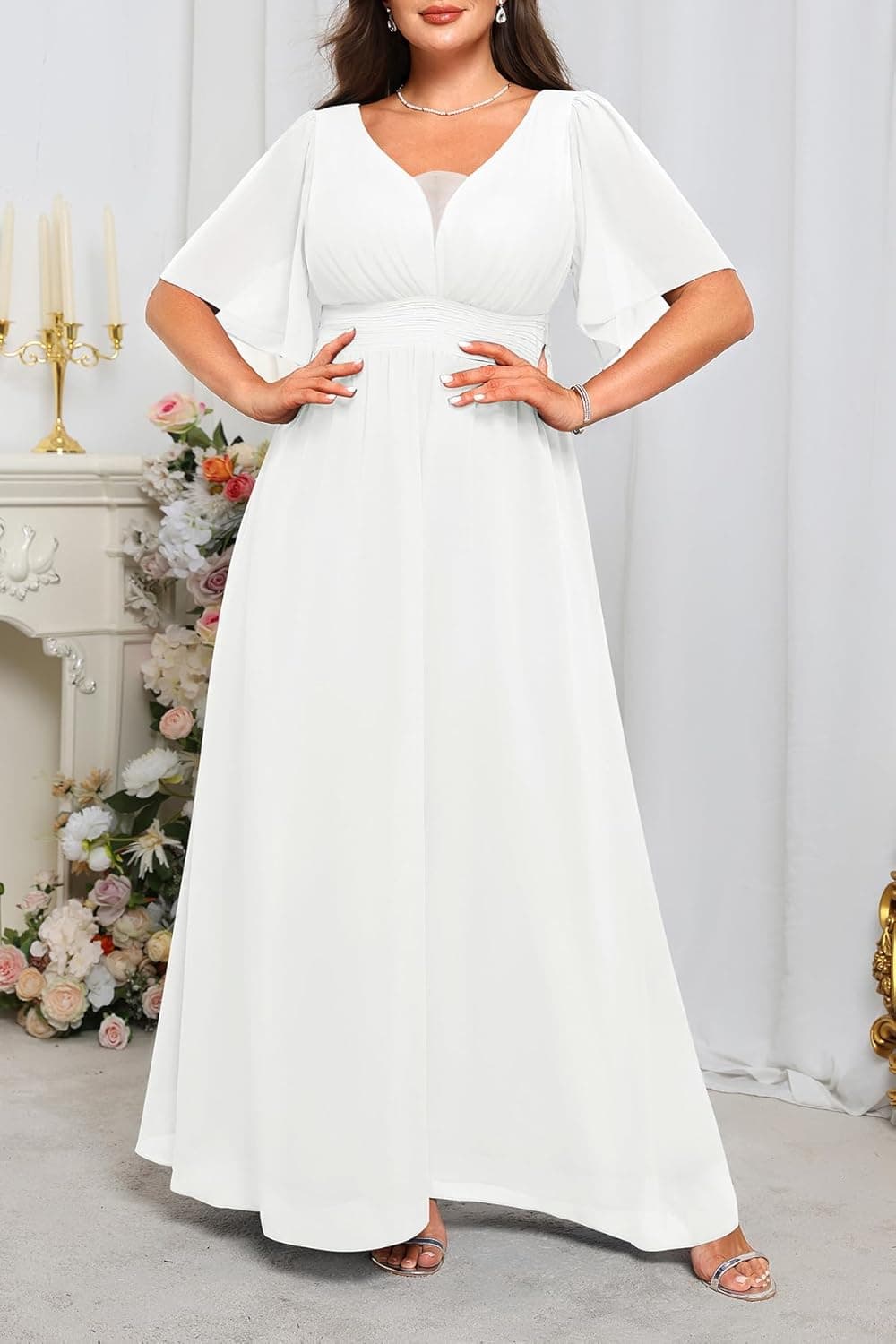 Plus Size Formal Dresses - V Neck Flutter Sleeves Evening Gowns Bridesmaid Wedding Guest Chiffon Long Maxi Dress White 18 Plus - Image 4