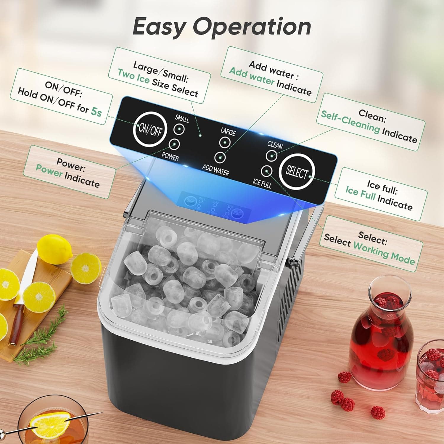 DUMOS Countertop Ice Maker with Handle, 26lbs/24H Portable Ice Machine, 9 Bullet Cubes Ready in 6 Mins, Self-Cleaning, Quiet Compact for Home, Kitchen, RV, Camping, Bright Black Bright Black Handle-26.5Lbs/24H - Image 3