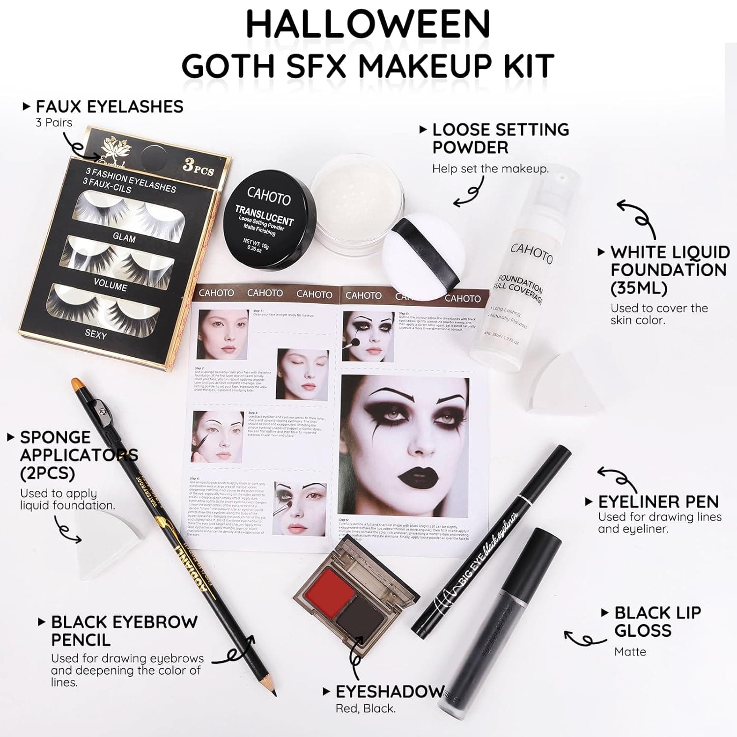 Halloween Goth SFX Makeup Kit, Complete Gothic Makeup Set Include White Liquid Foundation, Eyeliner, Setting Powder, Eyeshadow & Black Lipstick for Halloween Cosplay, Carnival, Theater - Image 3