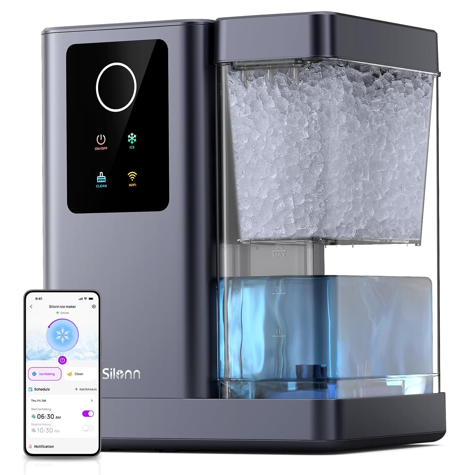 Silonn Nugget Ice Maker Countertop with APP & Voice Control, Self Cleaning Ice Machine with 3L Large Water Tank, 40 lbs/24H Soft Chewable Ice, Portable Pebble Ice Maker for Home, Kitchen and Party Silver Gray 40Lbs