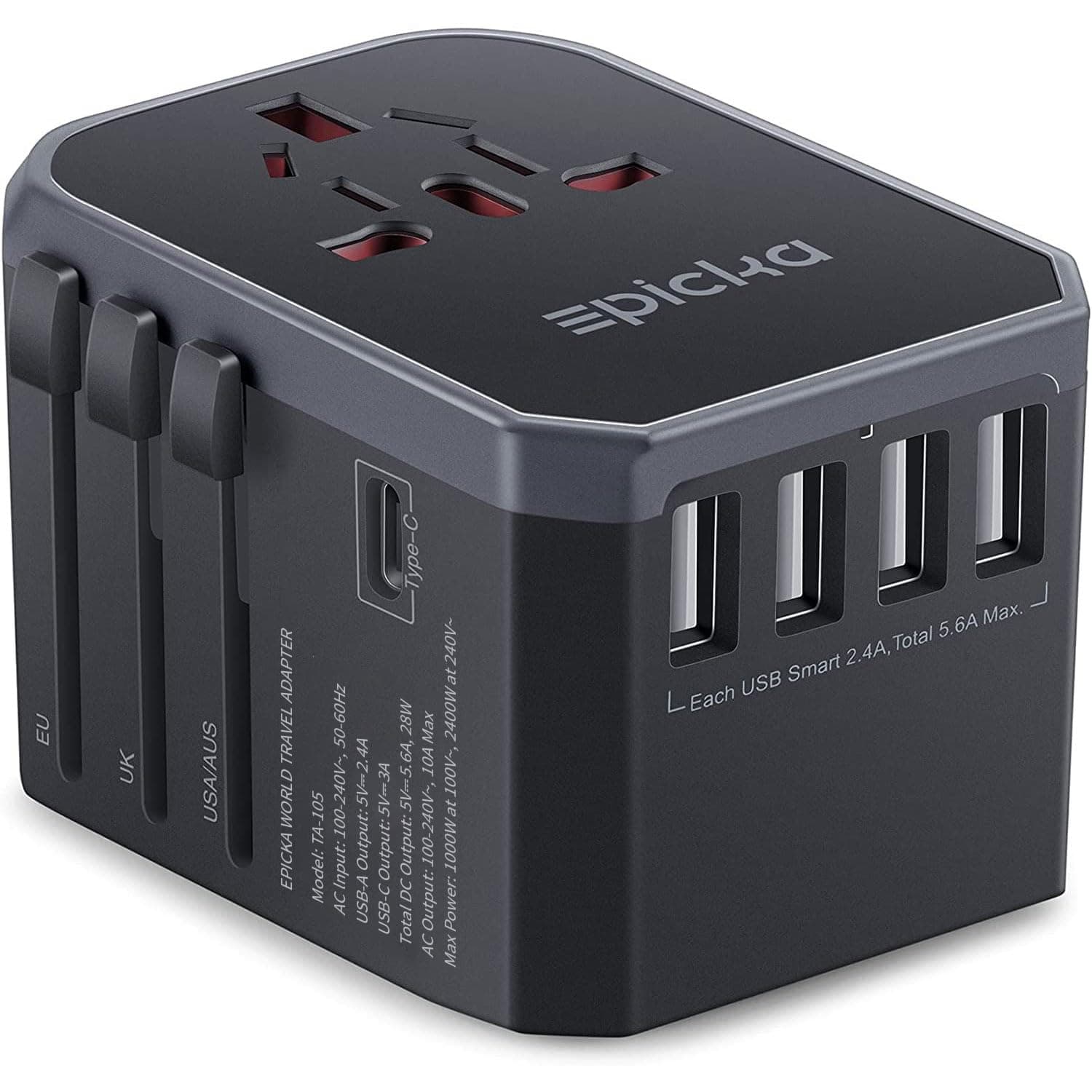 EPICKA Universal Travel Adapter, European Travel Plug Adapter (Not a Voltage Converter) - International Power Adapter Worldwide Charger with USB-C & 4 USB-A Ports, Travel Essentials (TA-105, Grey) 1 Grey