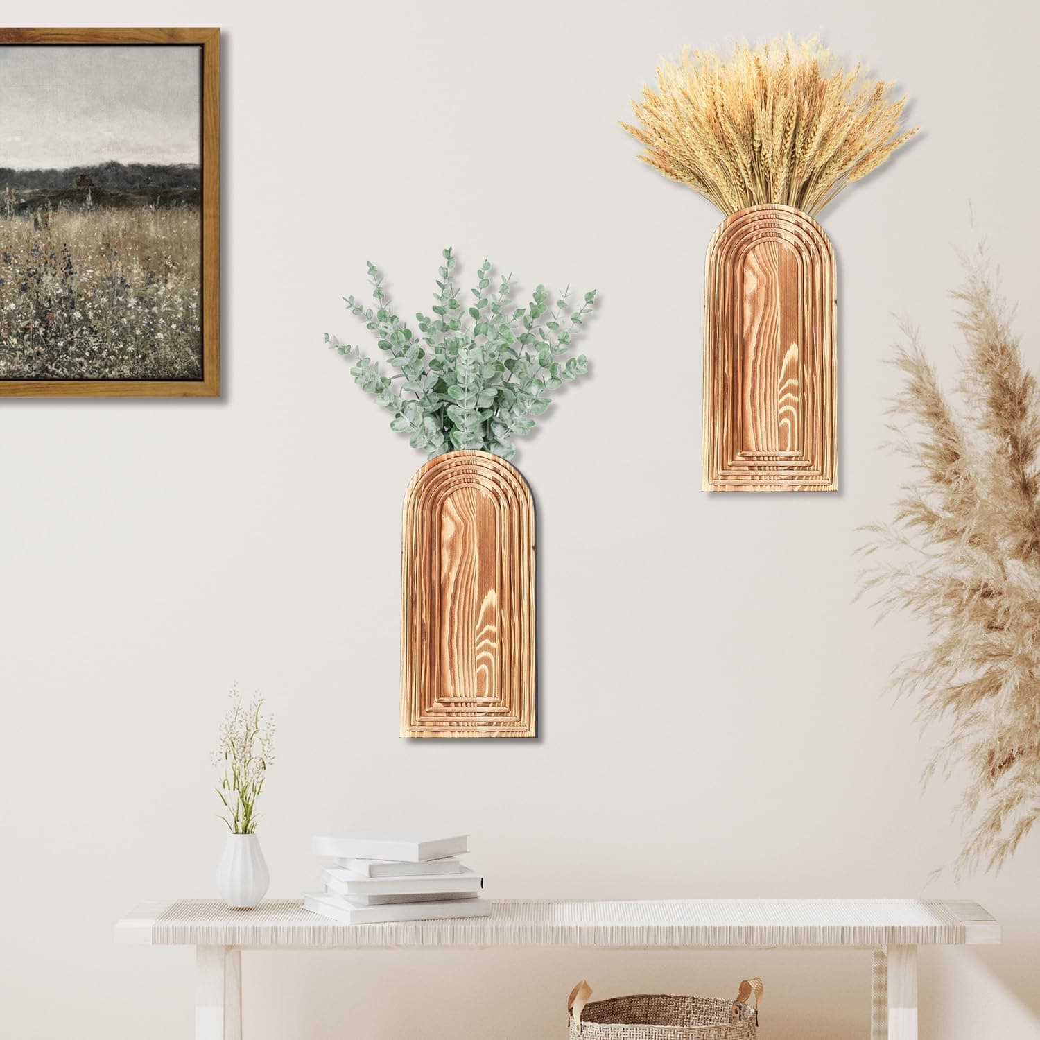 2 Pack Wooden Wall Vase Set - Brown Finish Modern Farmhouse & Boho Wall Decor para sa Entryway, Hallway, Bathroom, Living Room, Dining Room, Narrow Spaces - Image 6